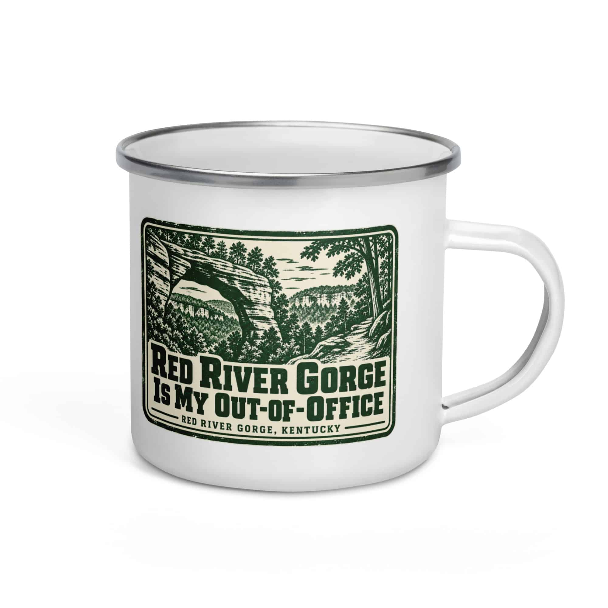 Red River Gorge Enamel Camp Mug: Red River Gorge Is My Out-of-Office, Forest Ink Stamp