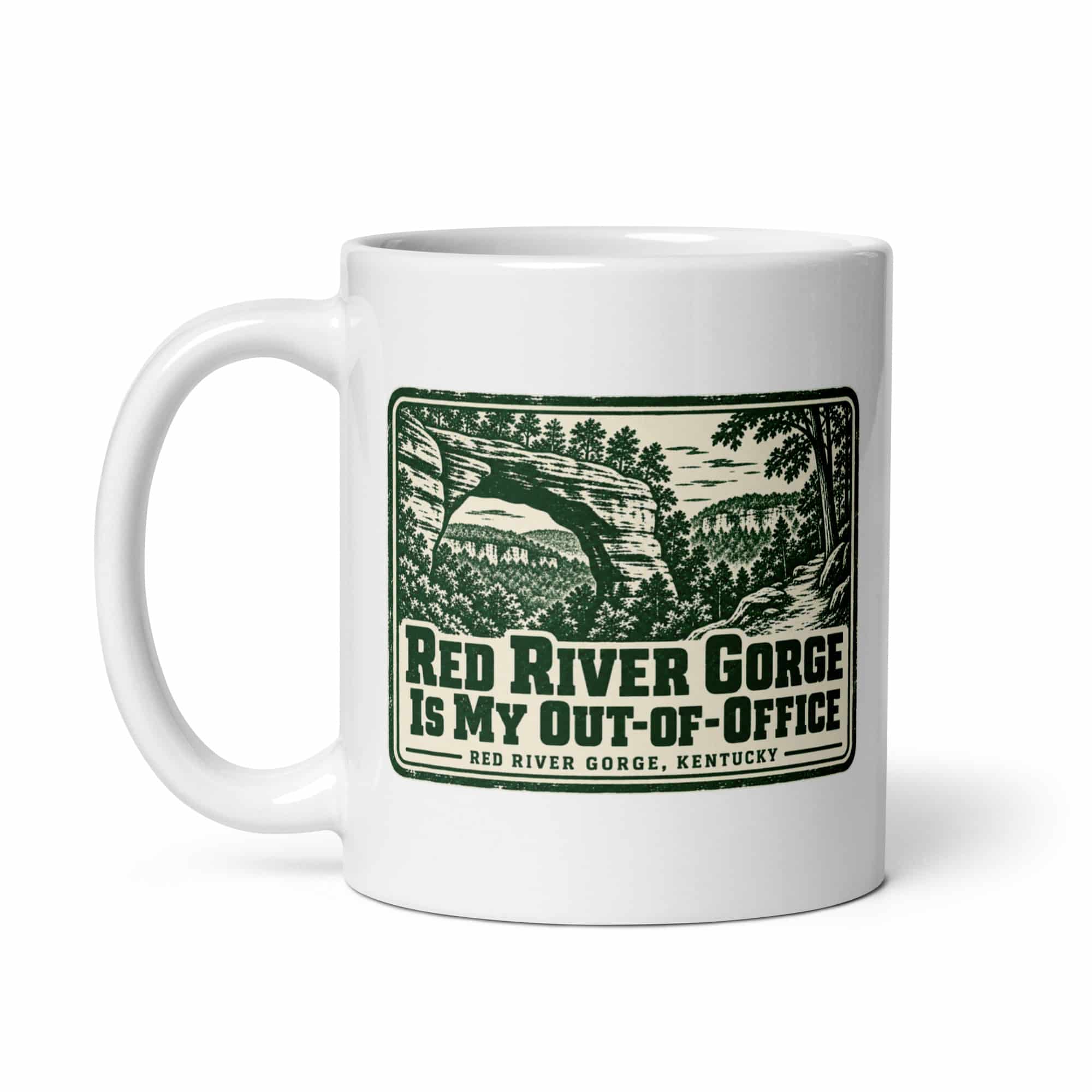 Red River Gorge White Ceramic Coffee Mug: Red River Gorge Is My Out-of-Office, Forest Ink Stamp
