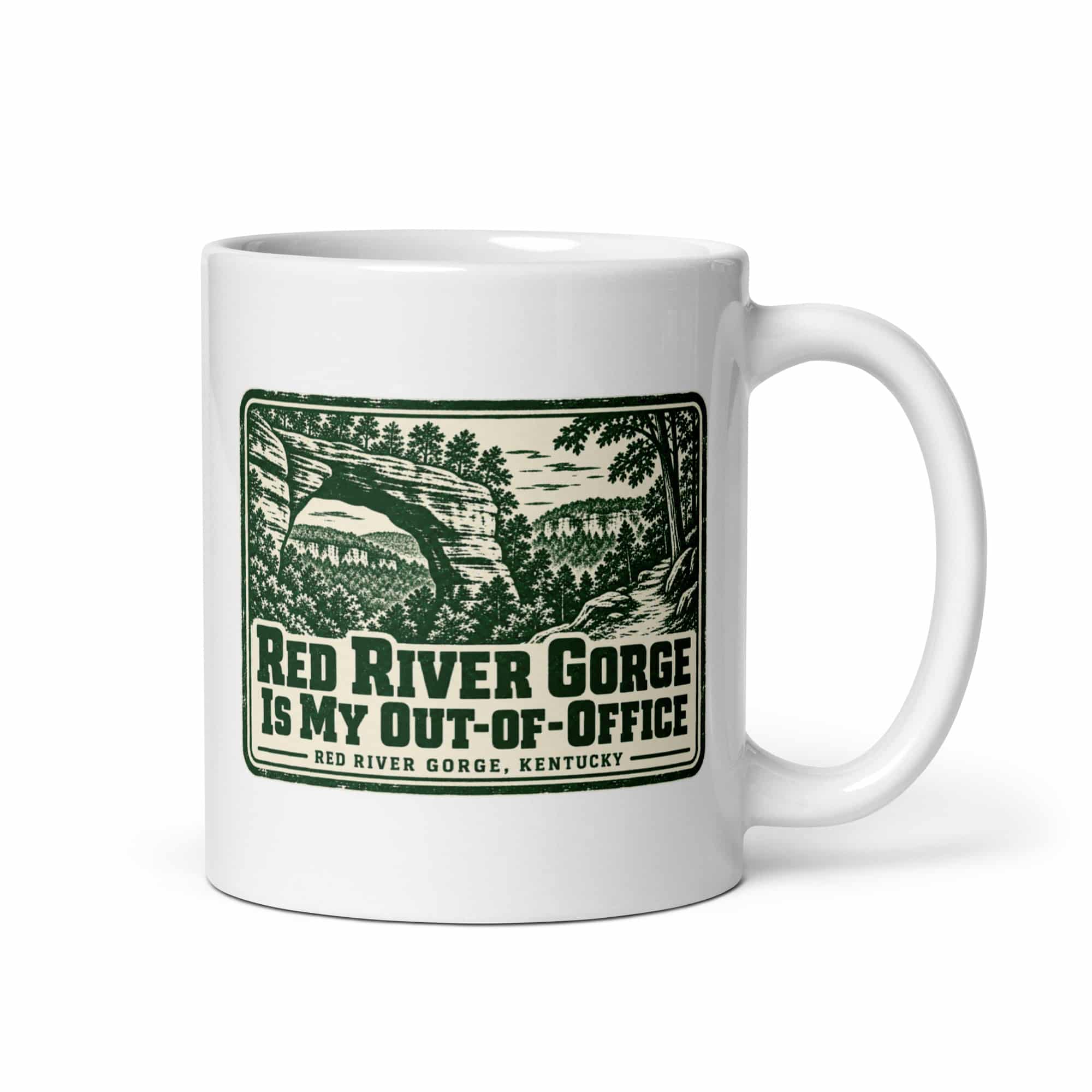 Red River Gorge White Ceramic Coffee Mug: Red River Gorge Is My Out-of-Office, Forest Ink Stamp