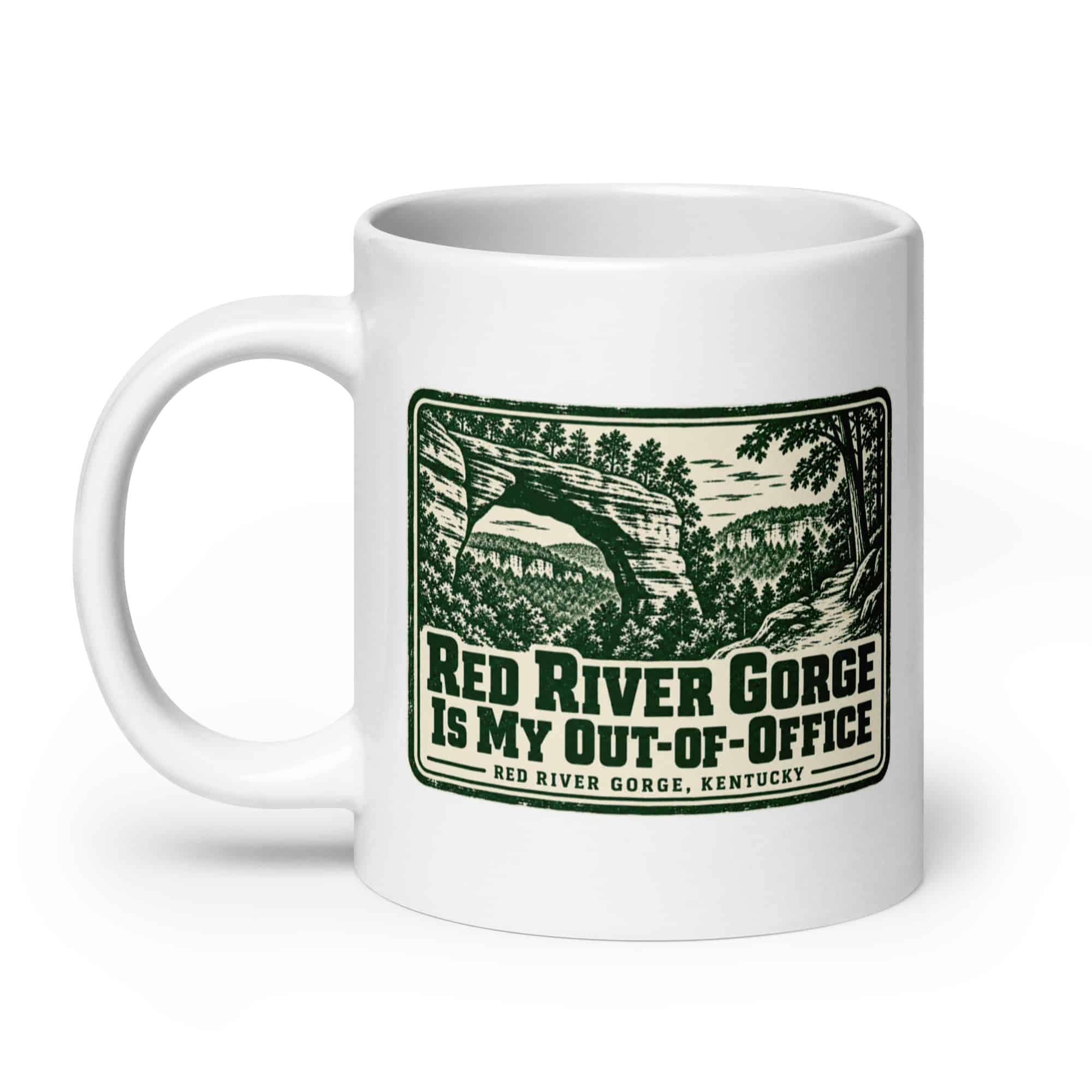 Red River Gorge White Ceramic Coffee Mug: Red River Gorge Is My Out-of-Office, Forest Ink Stamp