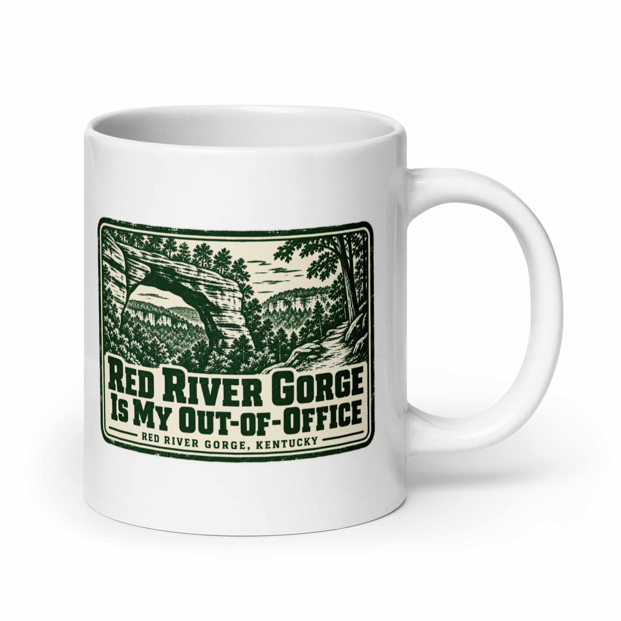 Red River Gorge White Ceramic Coffee Mug: Red River Gorge Is My Out-of-Office, Forest Ink Stamp