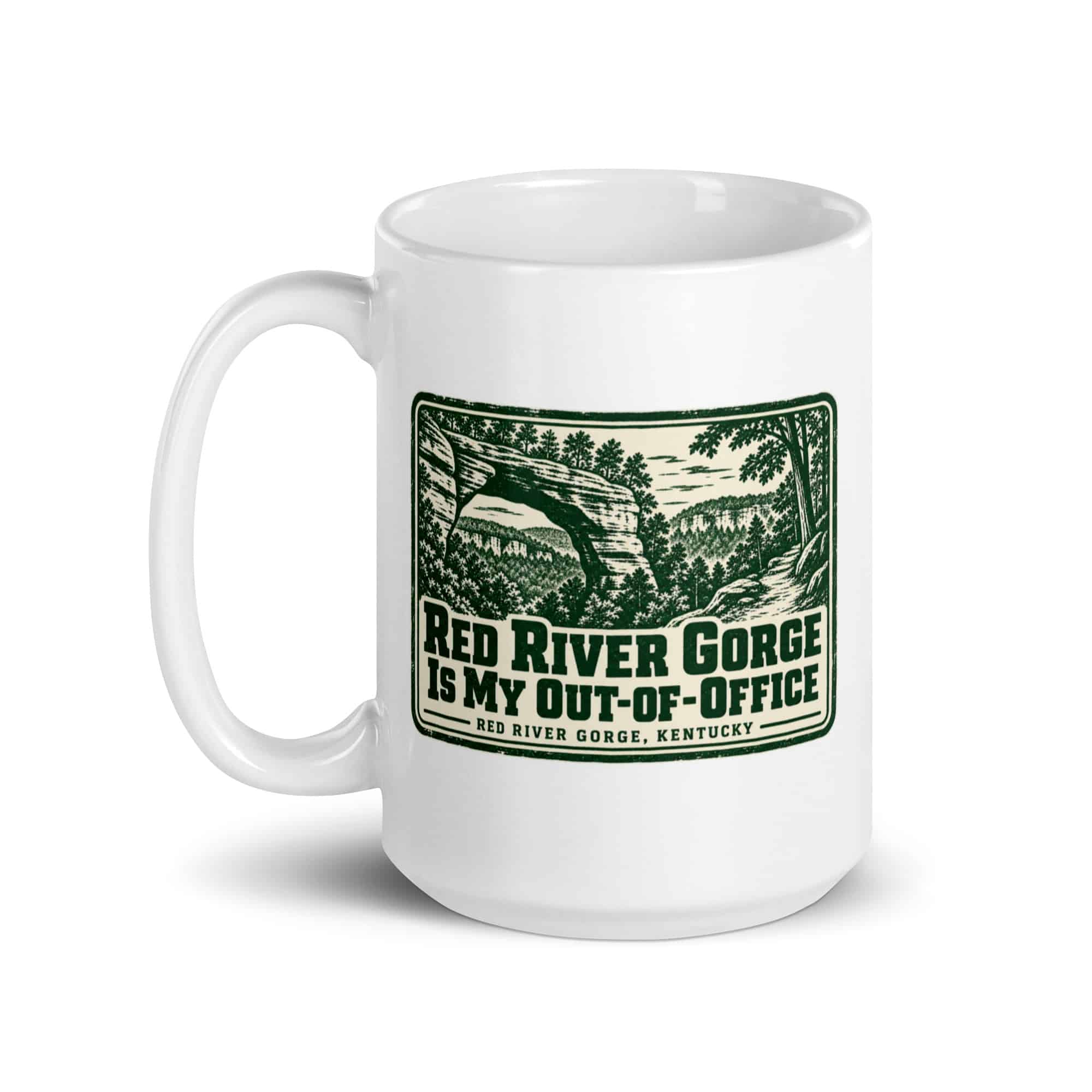 Red River Gorge White Ceramic Coffee Mug: Red River Gorge Is My Out-of-Office, Forest Ink Stamp