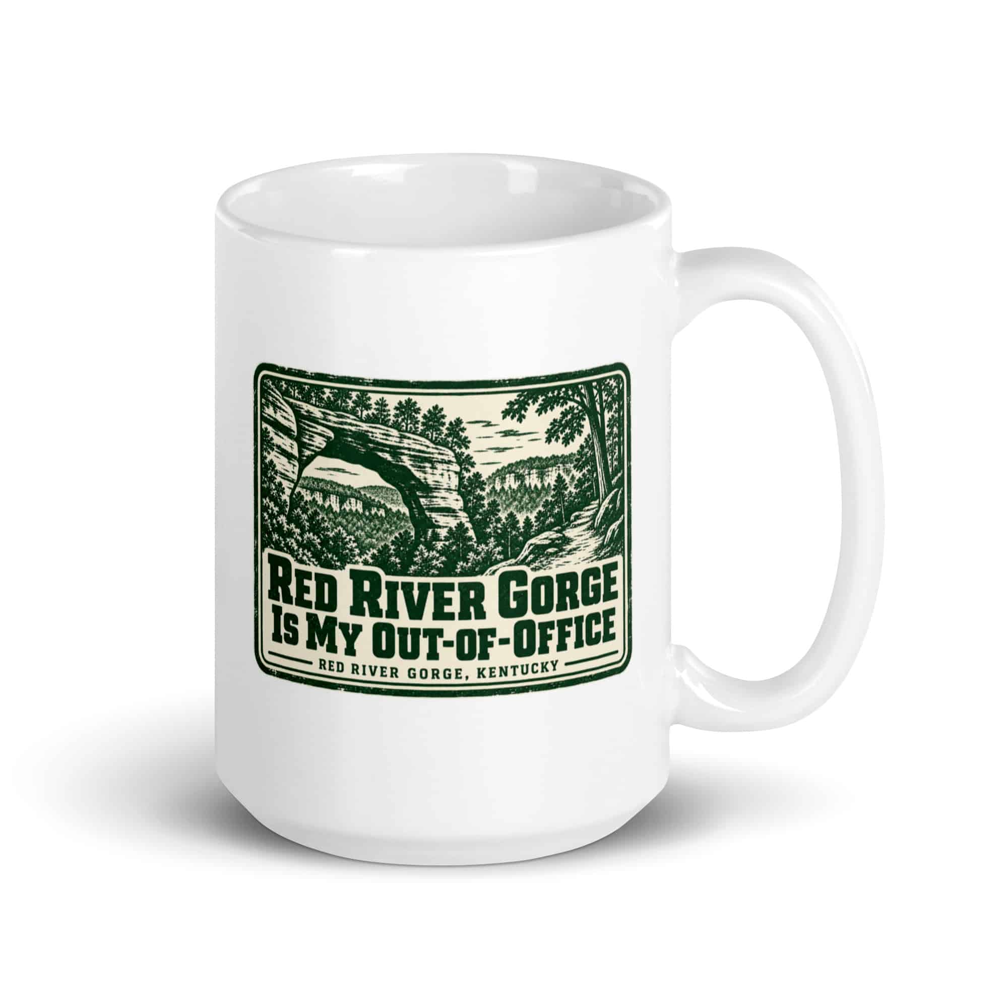 Red River Gorge White Ceramic Coffee Mug: Red River Gorge Is My Out-of-Office, Forest Ink Stamp