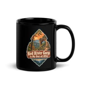 Red River Gorge Black Coffee Mug: Red River Gorge Is My Out-of-Office, Scenic Shield Badge - 11 oz - Handle on Right