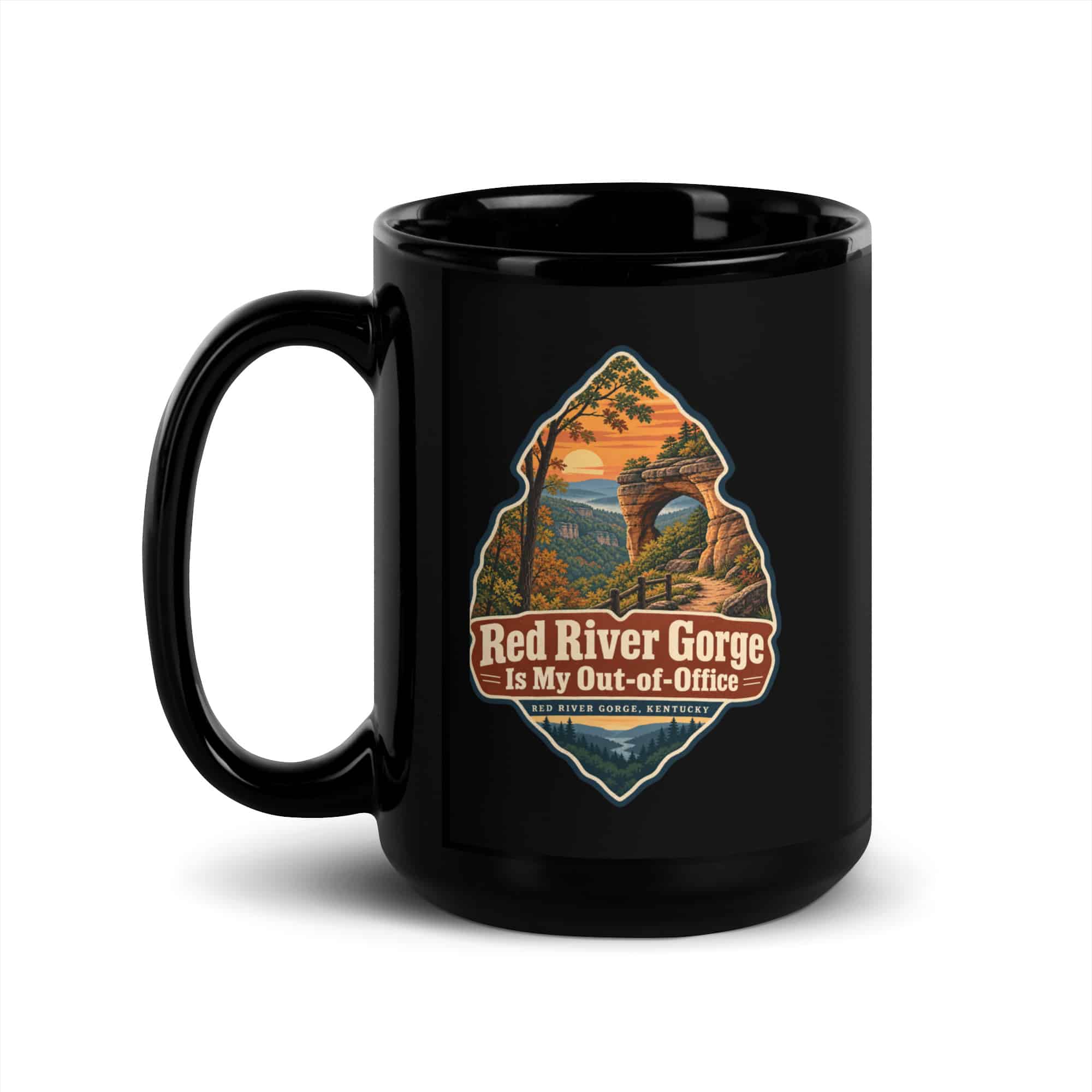 Red River Gorge Black Coffee Mug: Red River Gorge Is My Out-of-Office, Scenic Shield Badge