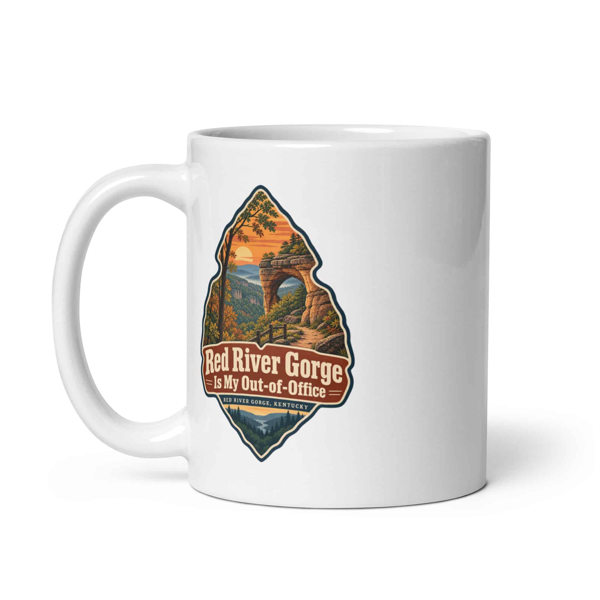 Red River Gorge White Ceramic Coffee Mug: Red River Gorge Is My Out-of-Office, Scenic Shield Badge