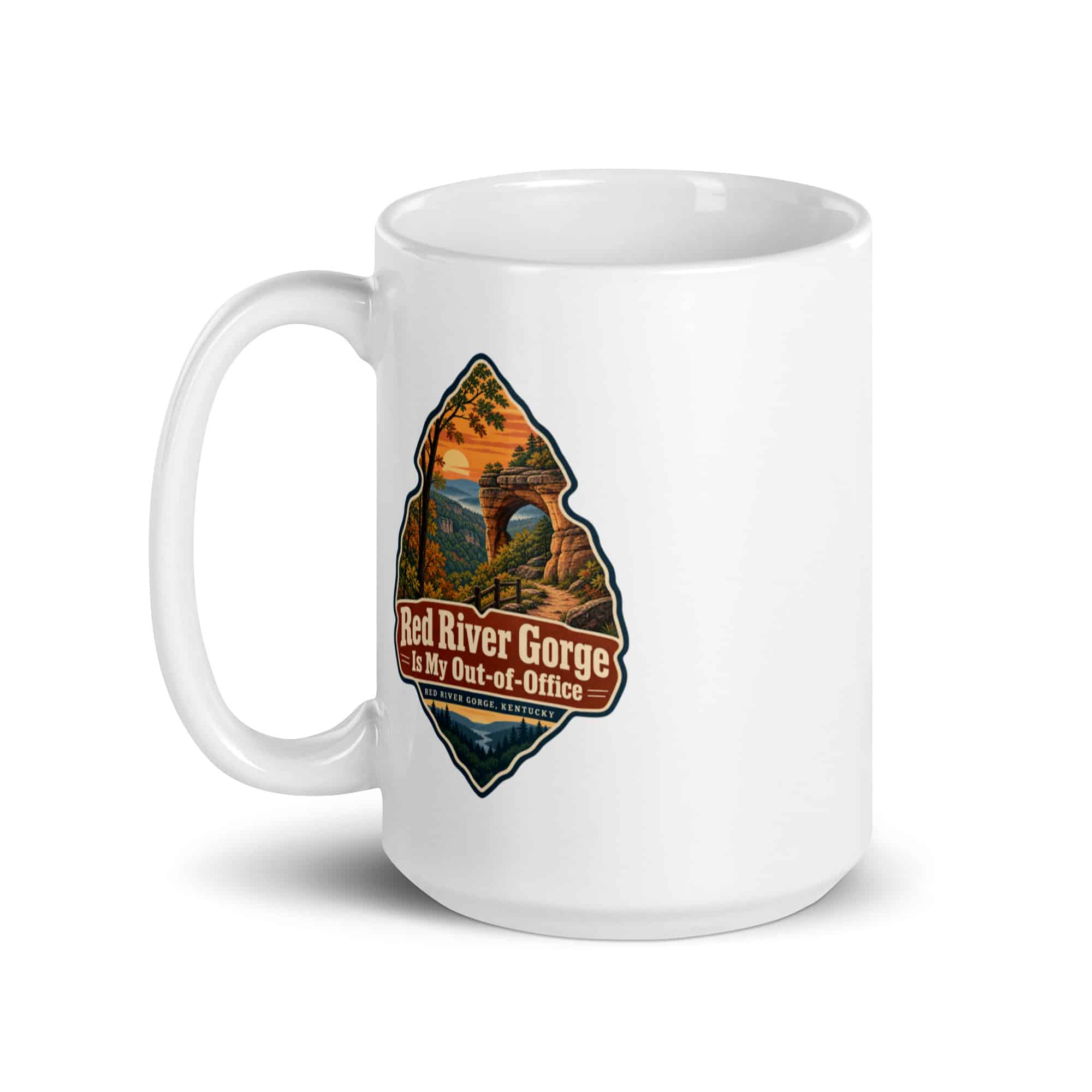 Red River Gorge White Ceramic Coffee Mug: Red River Gorge Is My Out-of-Office, Scenic Shield Badge
