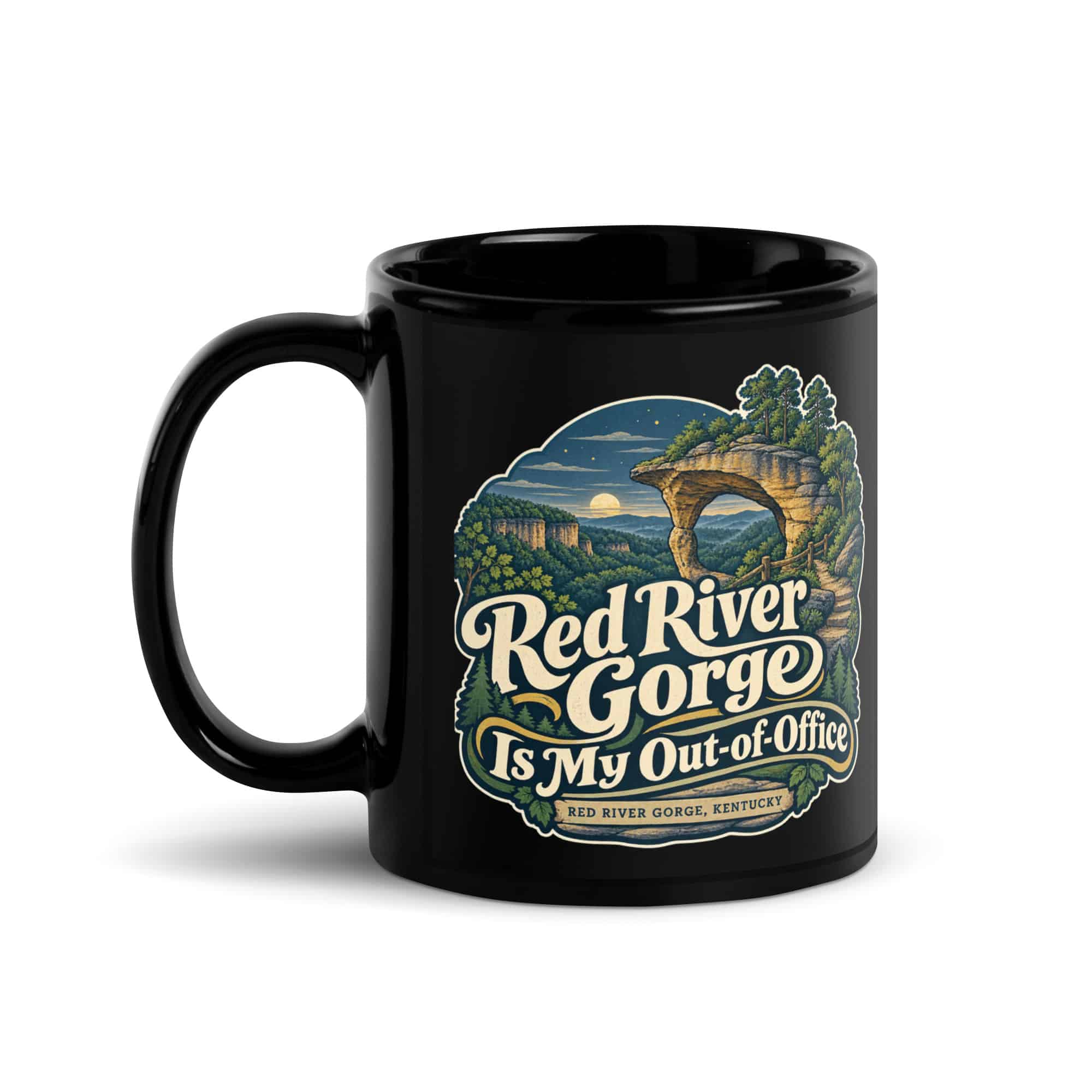 Red River Gorge Black Coffee Mug: Red River Gorge Is My Out-of-Office, Woodland Scenic Lettering