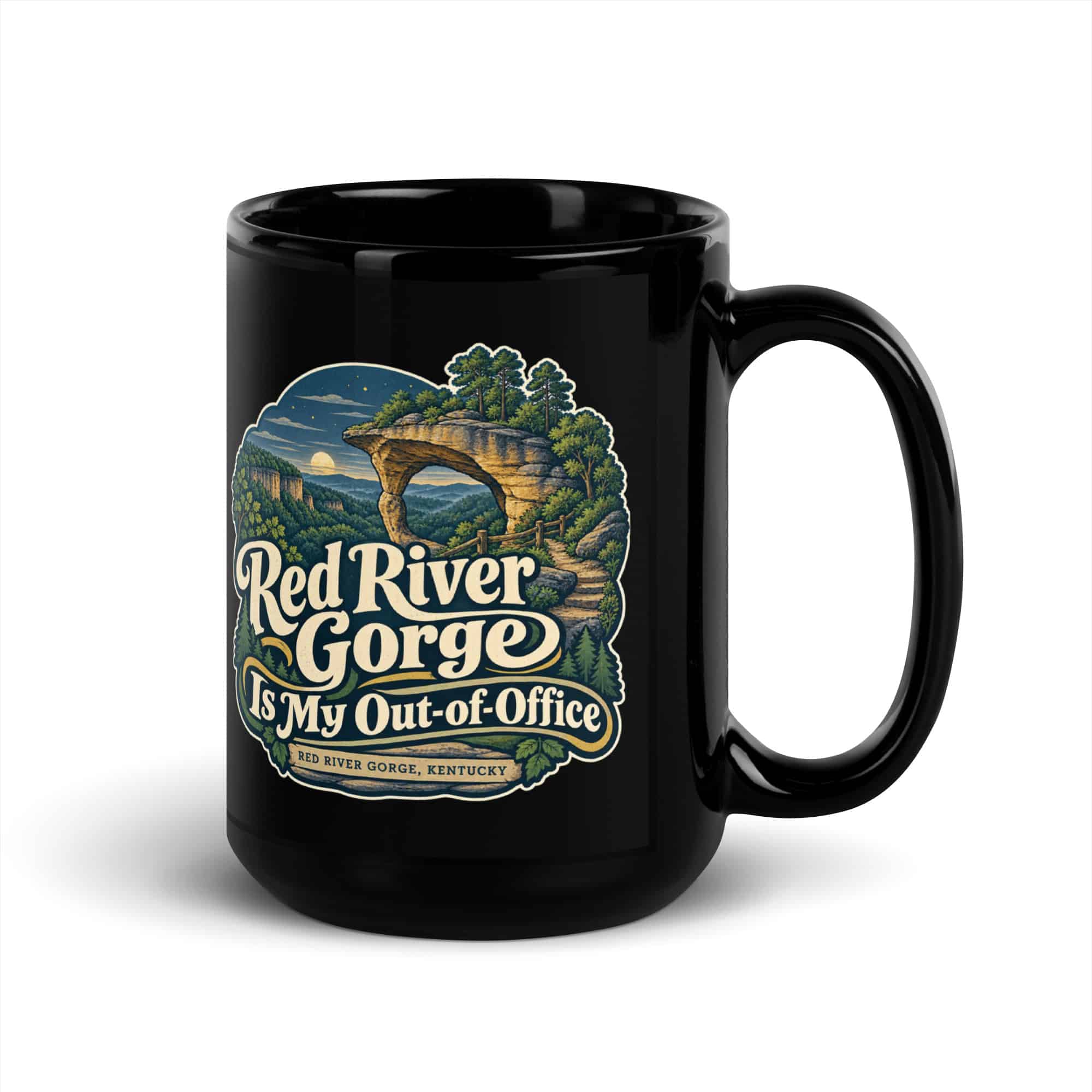 Red River Gorge Black Coffee Mug: Red River Gorge Is My Out-of-Office, Woodland Scenic Lettering
