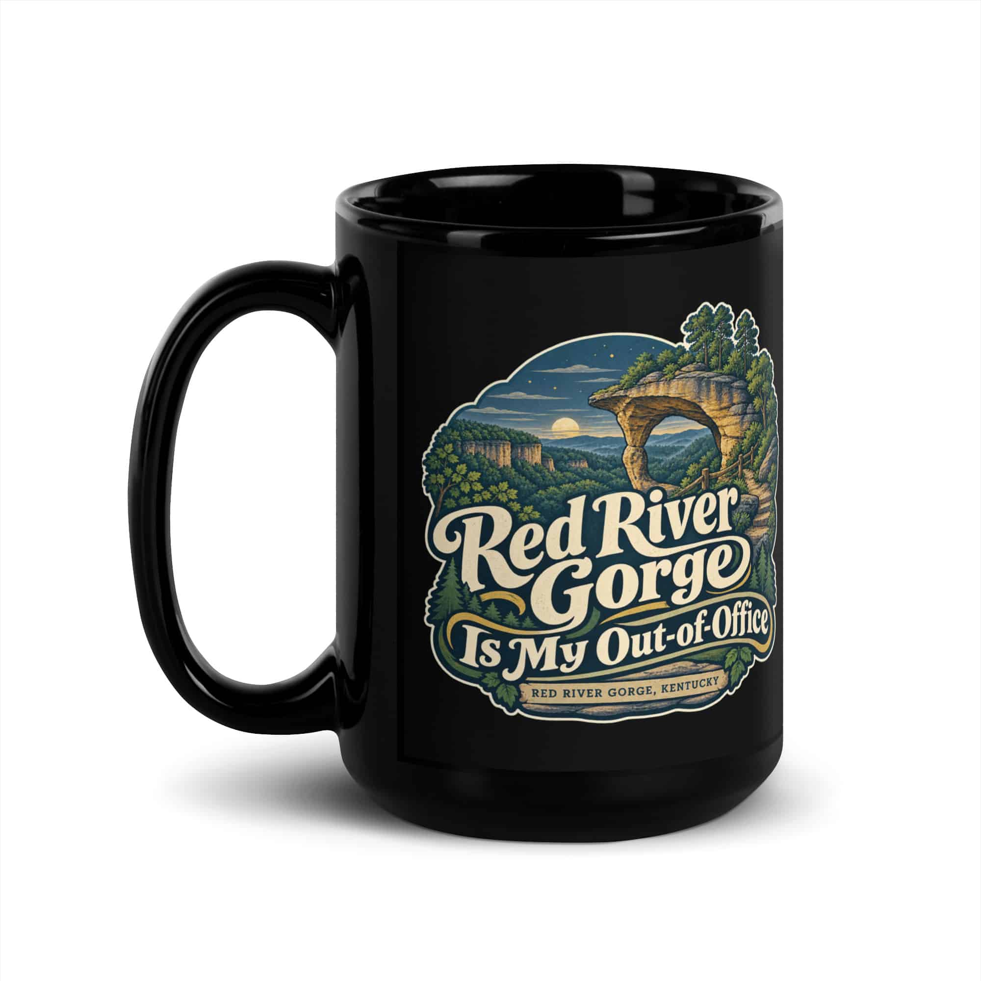 Red River Gorge Black Coffee Mug: Red River Gorge Is My Out-of-Office, Woodland Scenic Lettering