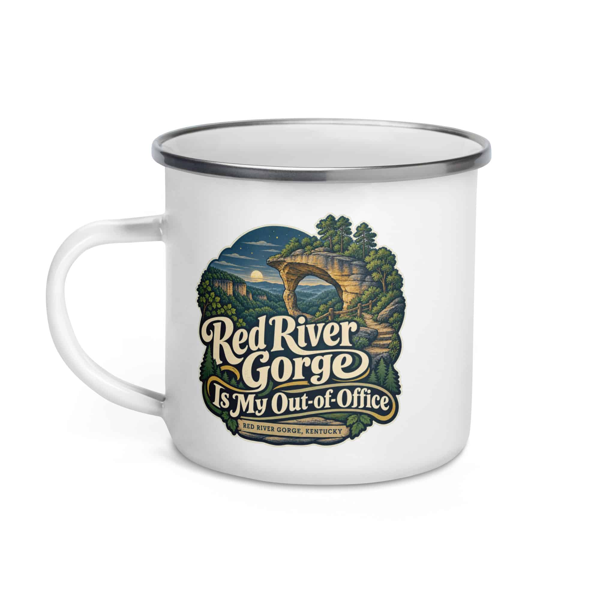Red River Gorge Enamel Camp Mug: Red River Gorge Is My Out-of-Office, Woodland Scenic Lettering