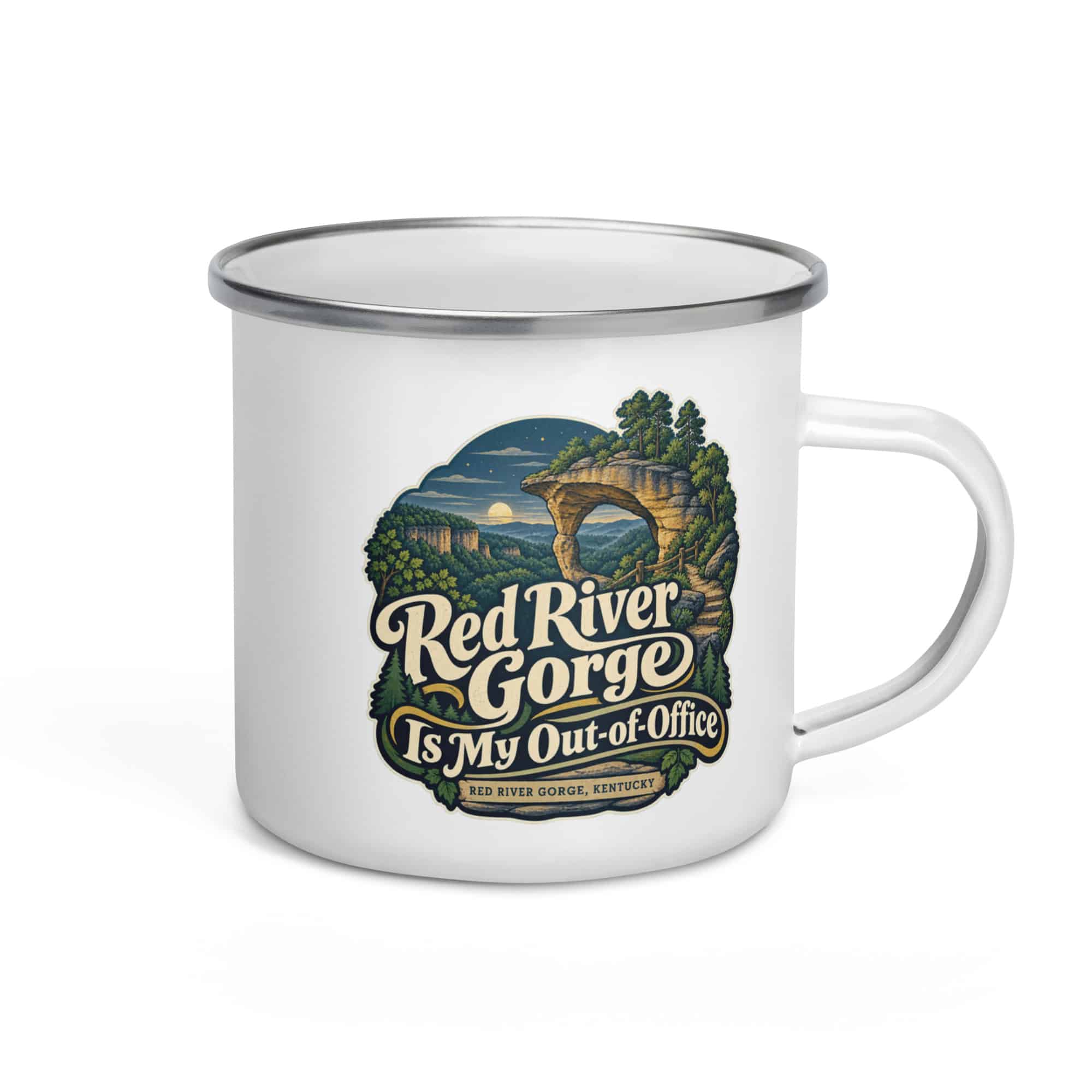 Red River Gorge Enamel Camp Mug: Red River Gorge Is My Out-of-Office, Woodland Scenic Lettering