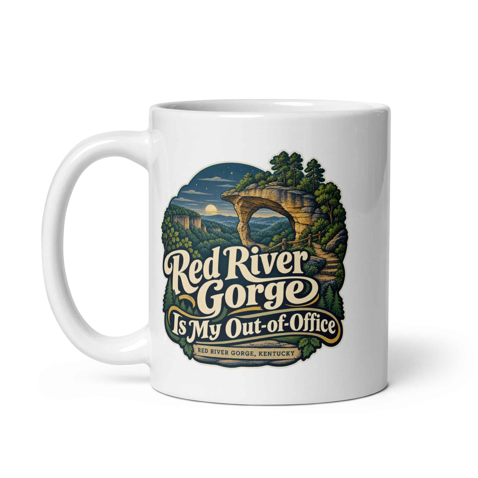 Red River Gorge White Ceramic Coffee Mug: Red River Gorge Is My Out-of-Office, Woodland Scenic Lettering