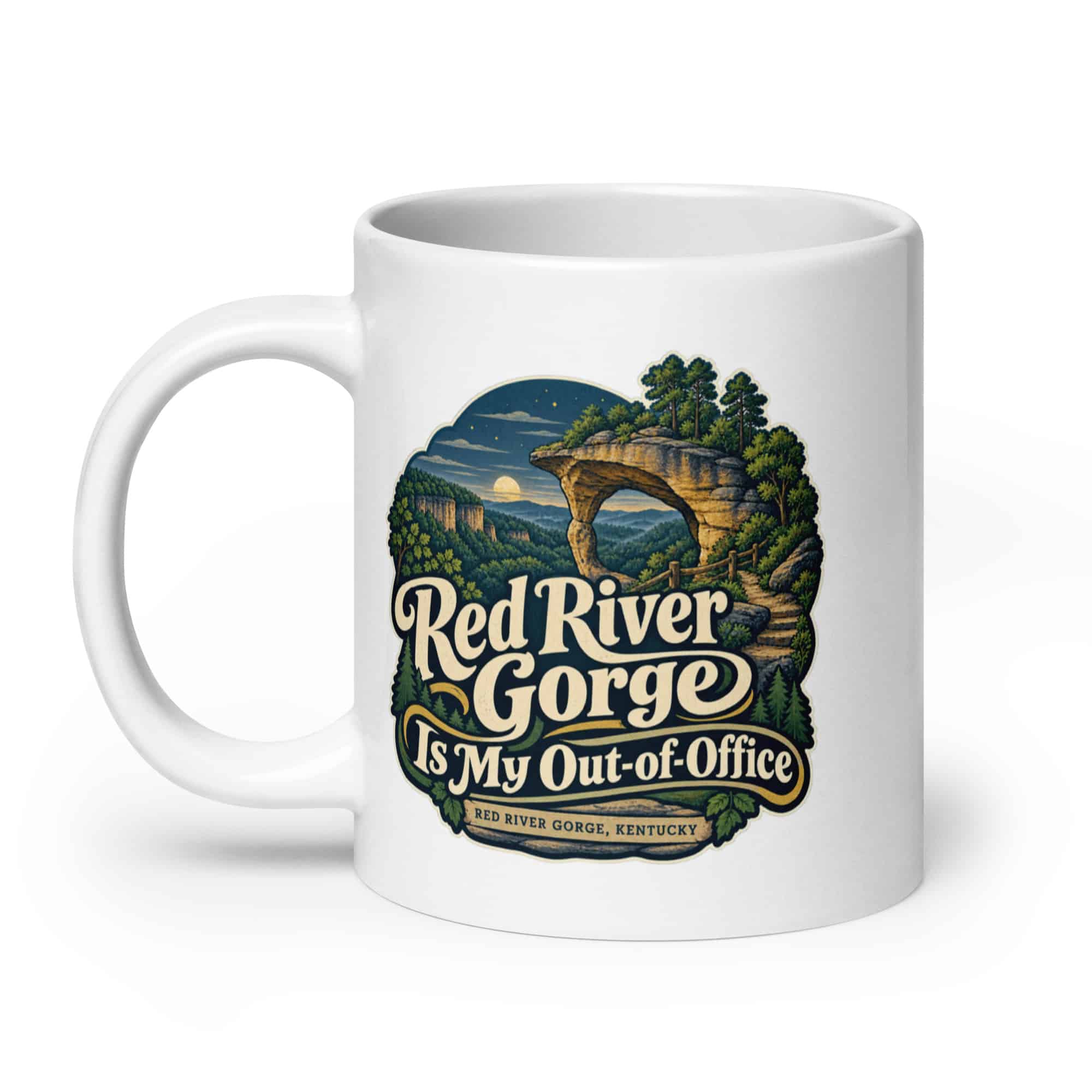 Red River Gorge White Ceramic Coffee Mug: Red River Gorge Is My Out-of-Office, Woodland Scenic Lettering