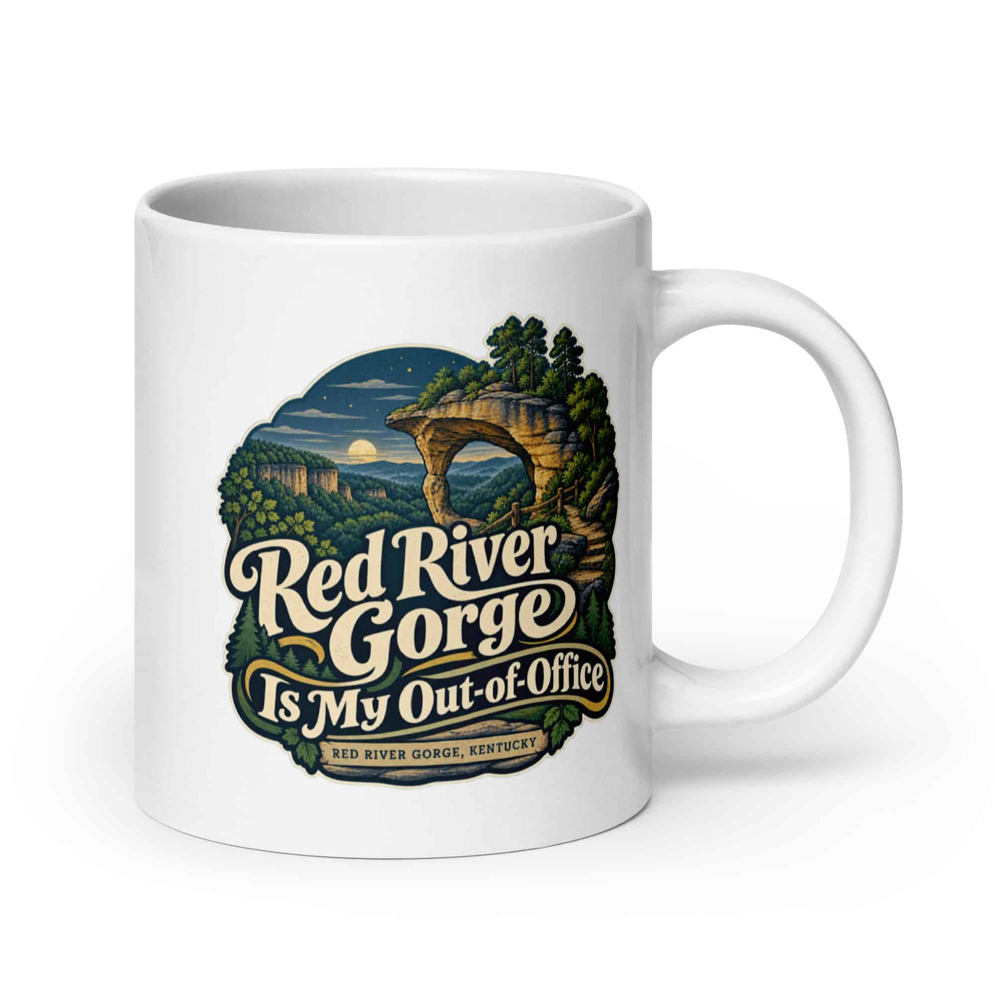 Red River Gorge White Ceramic Coffee Mug: Red River Gorge Is My Out-of-Office, Woodland Scenic Lettering