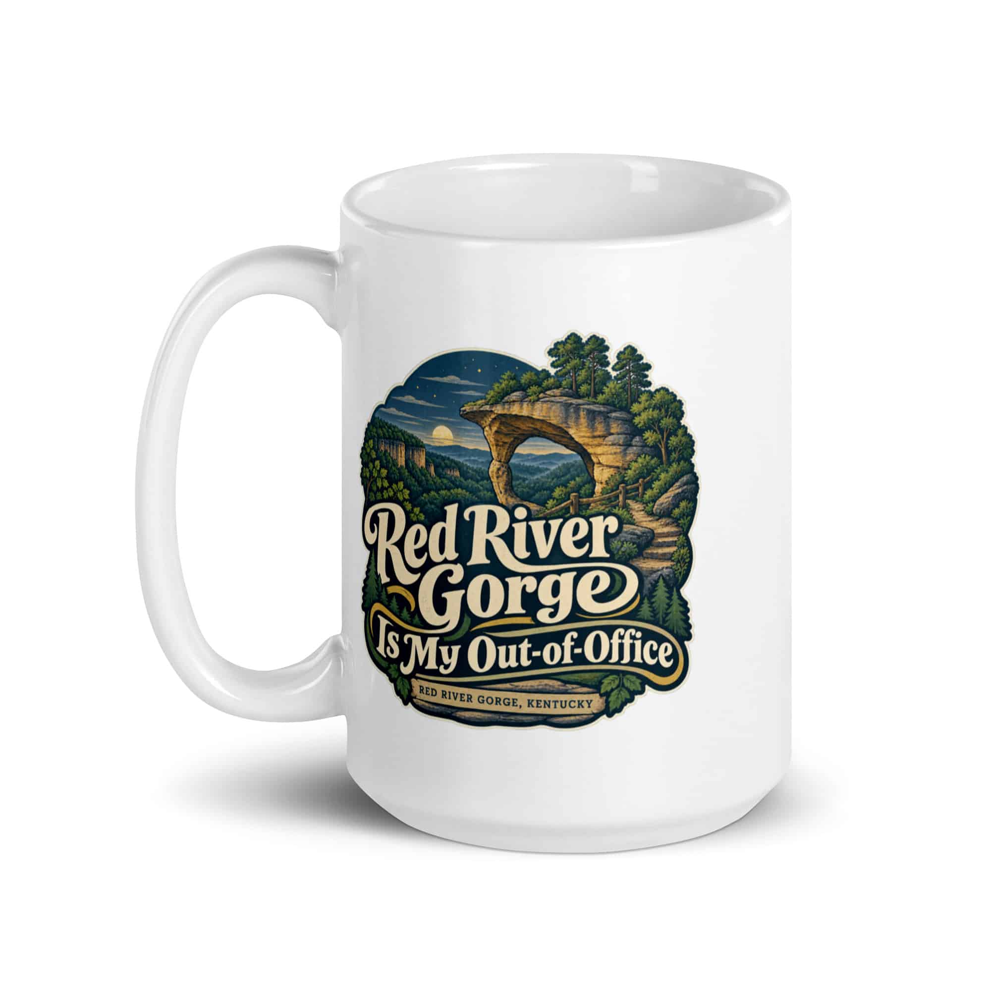 Red River Gorge White Ceramic Coffee Mug: Red River Gorge Is My Out-of-Office, Woodland Scenic Lettering
