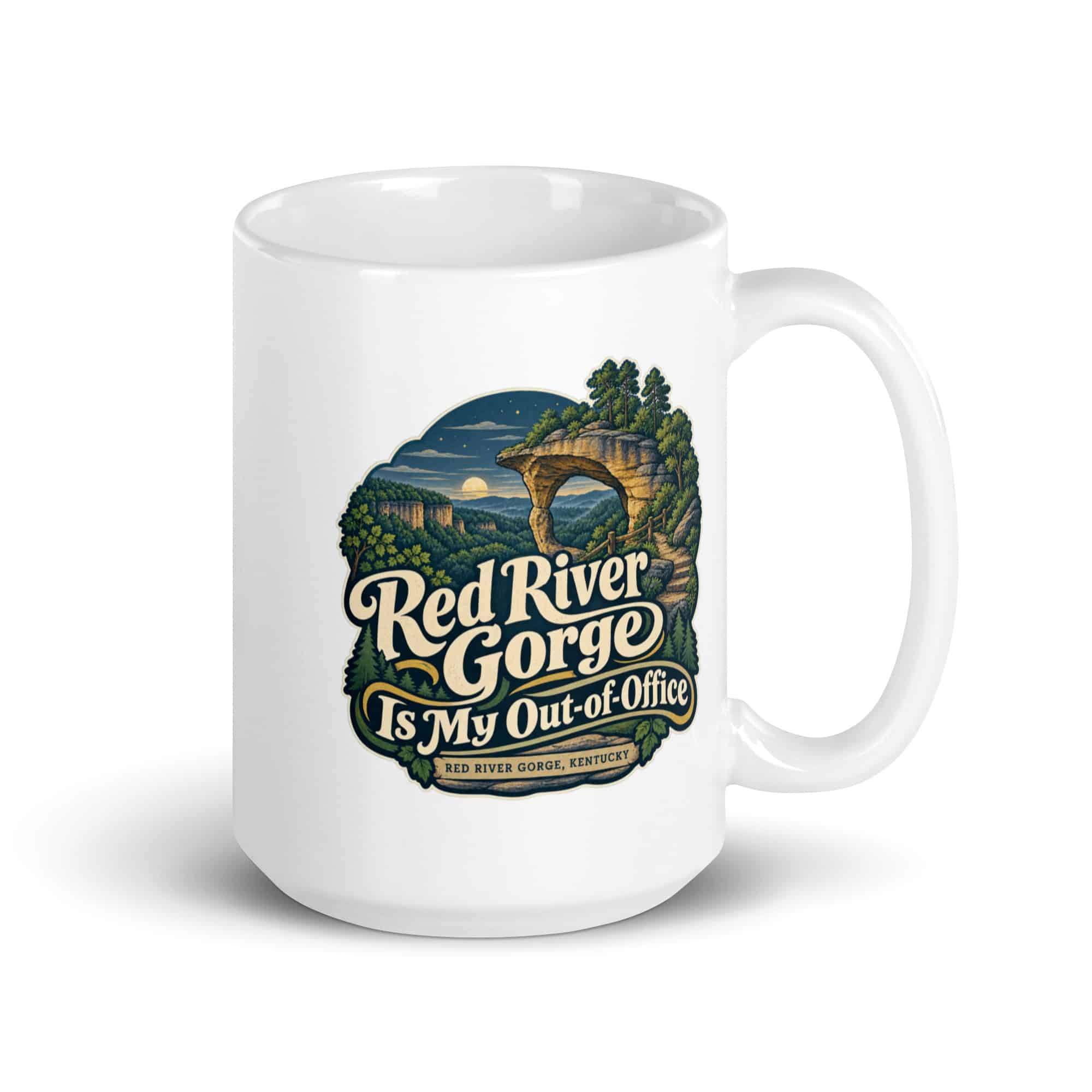 Red River Gorge White Ceramic Coffee Mug: Red River Gorge Is My Out-of-Office, Woodland Scenic Lettering