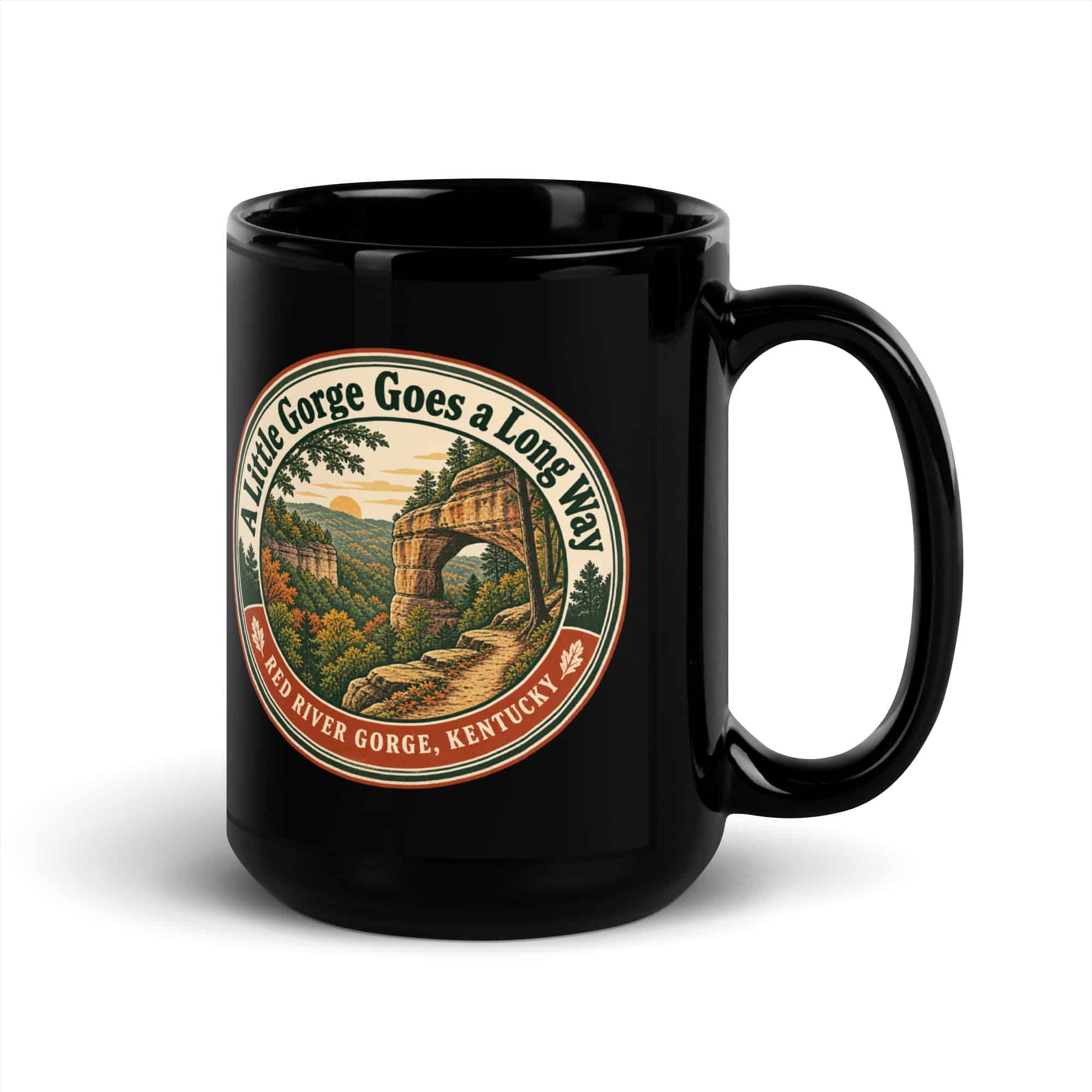 Red River Gorge Black Coffee Mug: A Little Gorge Goes a Long Way, Vintage Round Badge