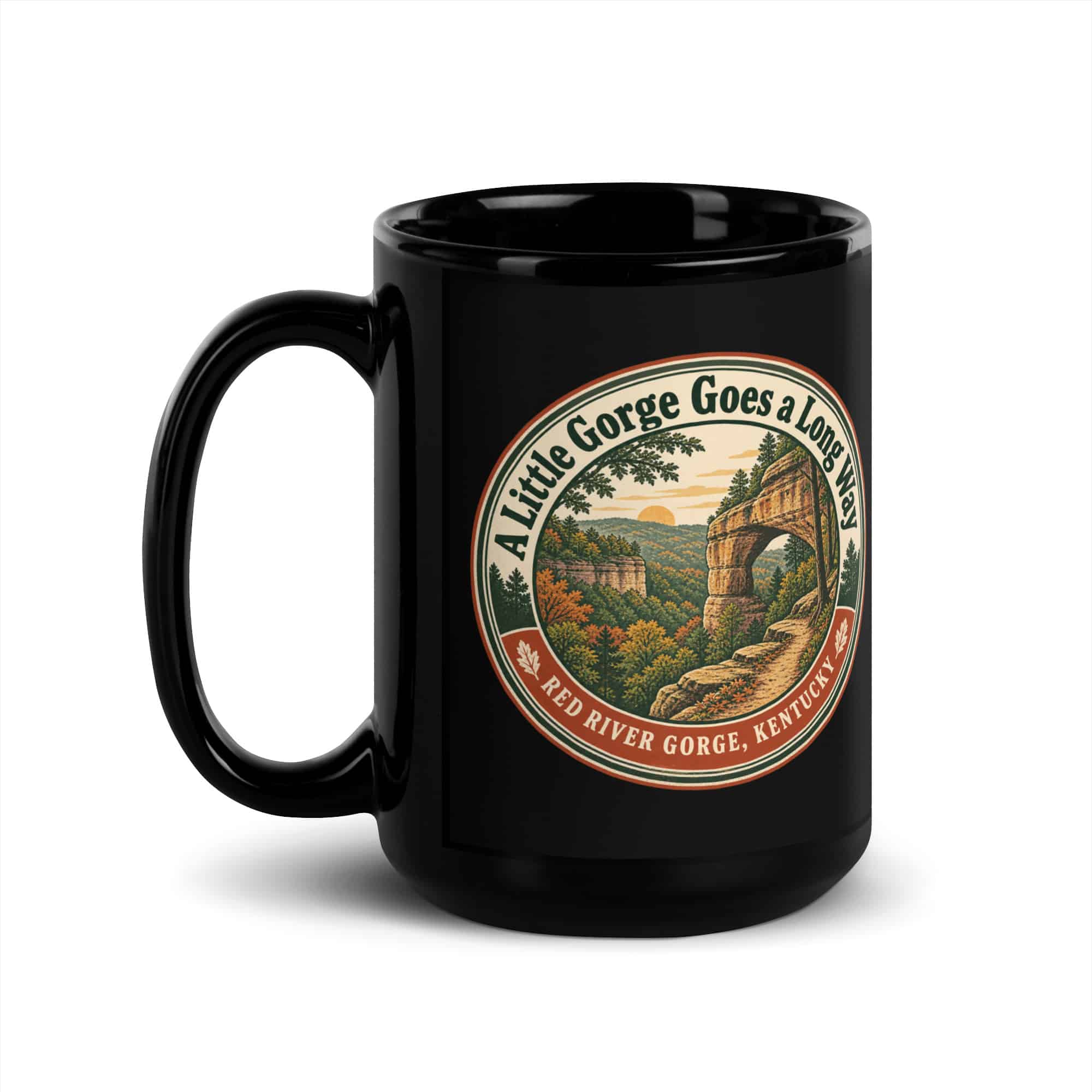Red River Gorge Black Coffee Mug: A Little Gorge Goes a Long Way, Vintage Round Badge