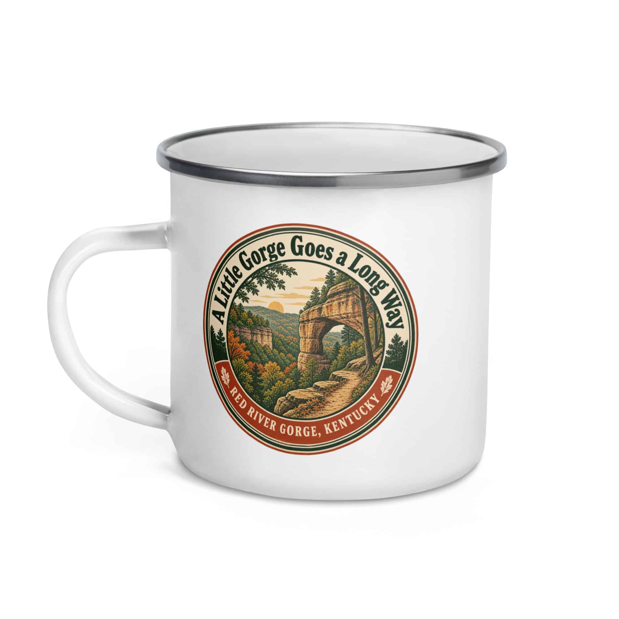 Red River Gorge Enamel Camp Mug: A Little Gorge Goes a Long Way, Vintage Round Badge