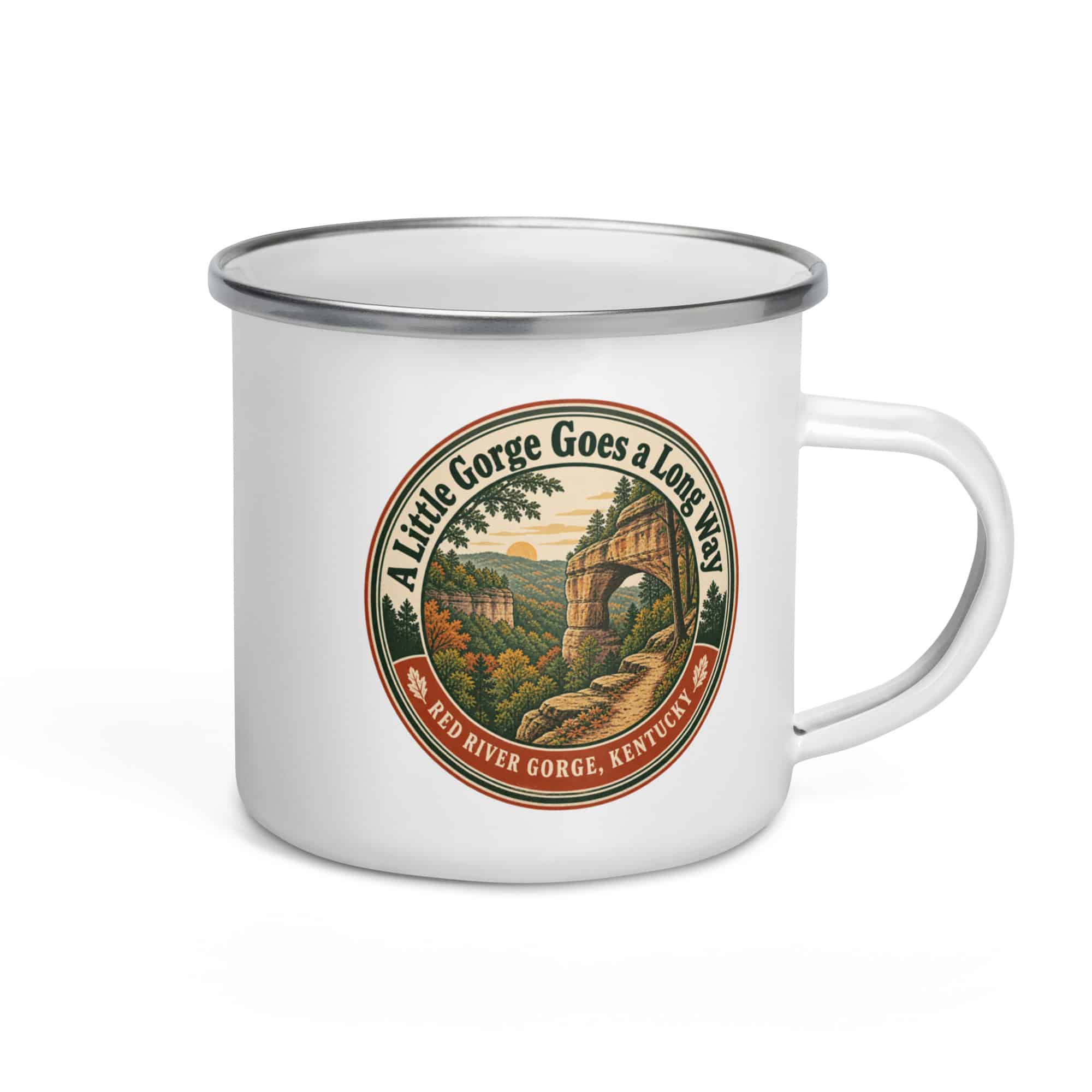 Red River Gorge Enamel Camp Mug: A Little Gorge Goes a Long Way, Vintage Round Badge
