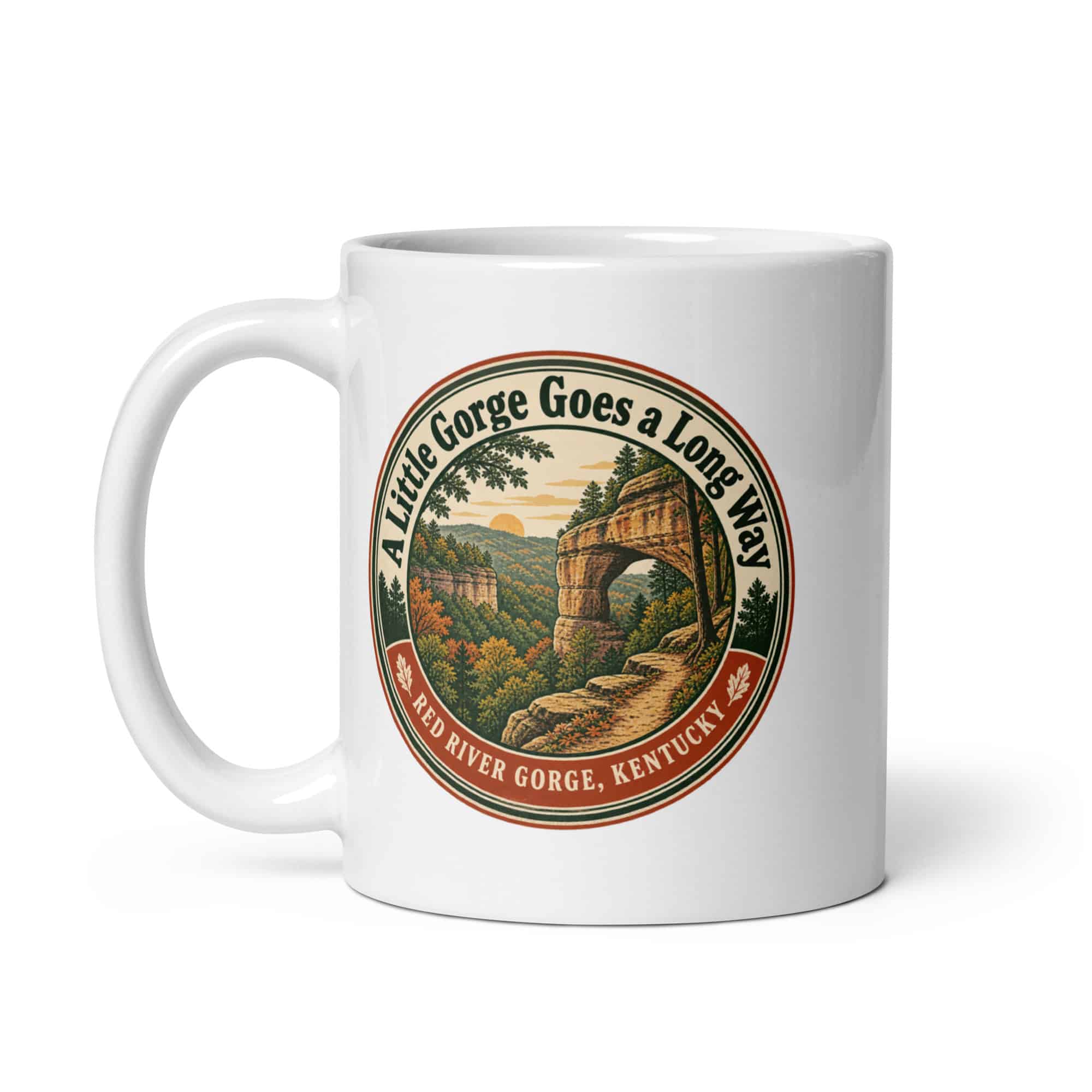 Red River Gorge White Ceramic Coffee Mug: A Little Gorge Goes a Long Way, Vintage Round Badge