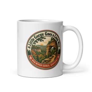 Red River Gorge White Ceramic Coffee Mug: A Little Gorge Goes a Long Way, Vintage Round Badge - 11 oz - Main