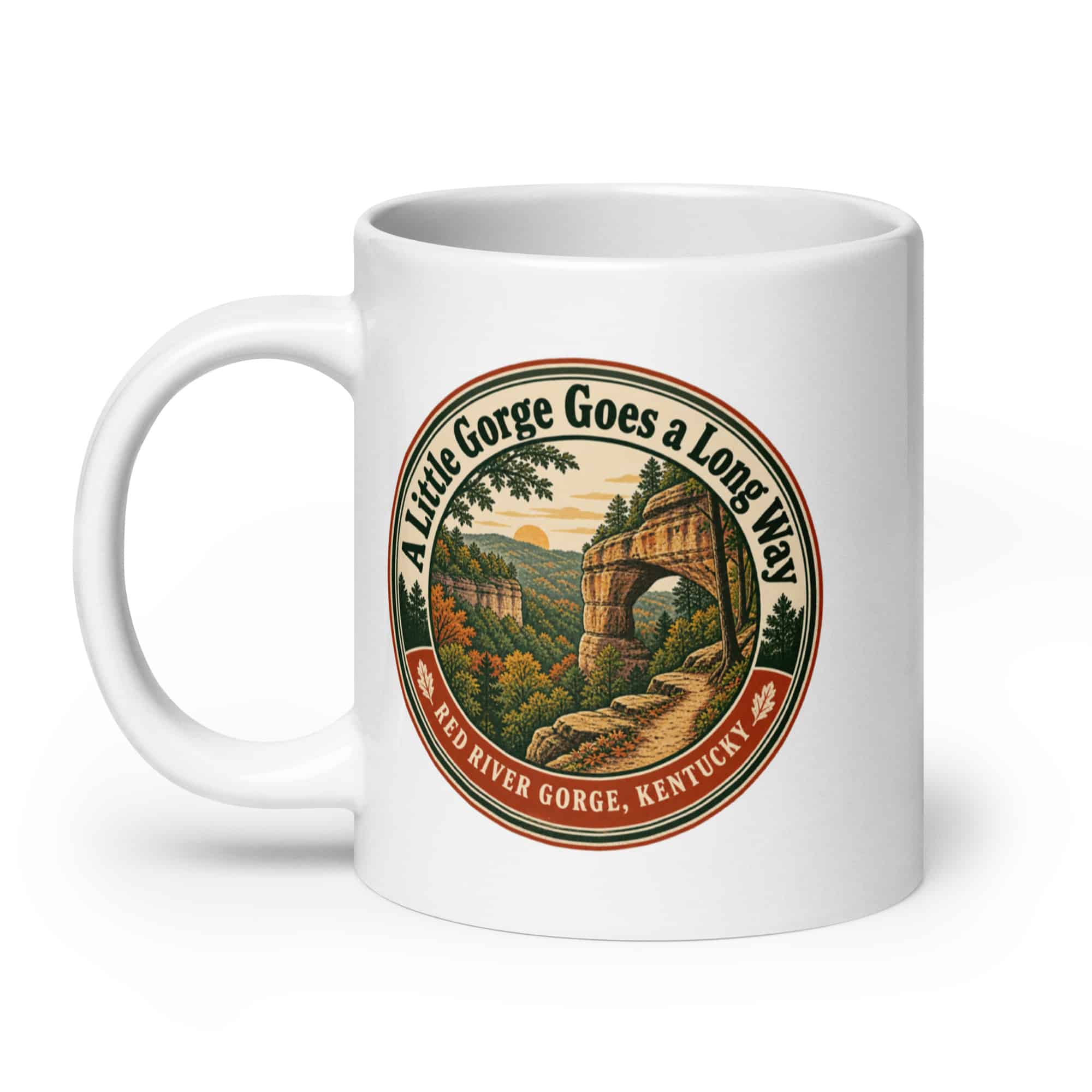 Red River Gorge White Ceramic Coffee Mug: A Little Gorge Goes a Long Way, Vintage Round Badge