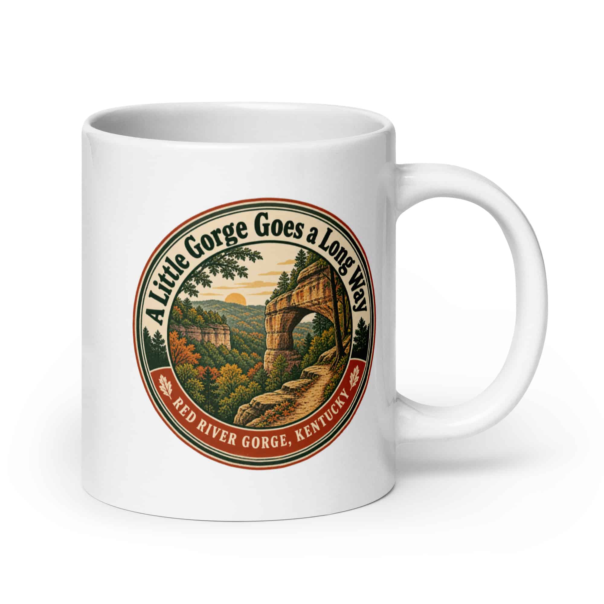 Red River Gorge White Ceramic Coffee Mug: A Little Gorge Goes a Long Way, Vintage Round Badge