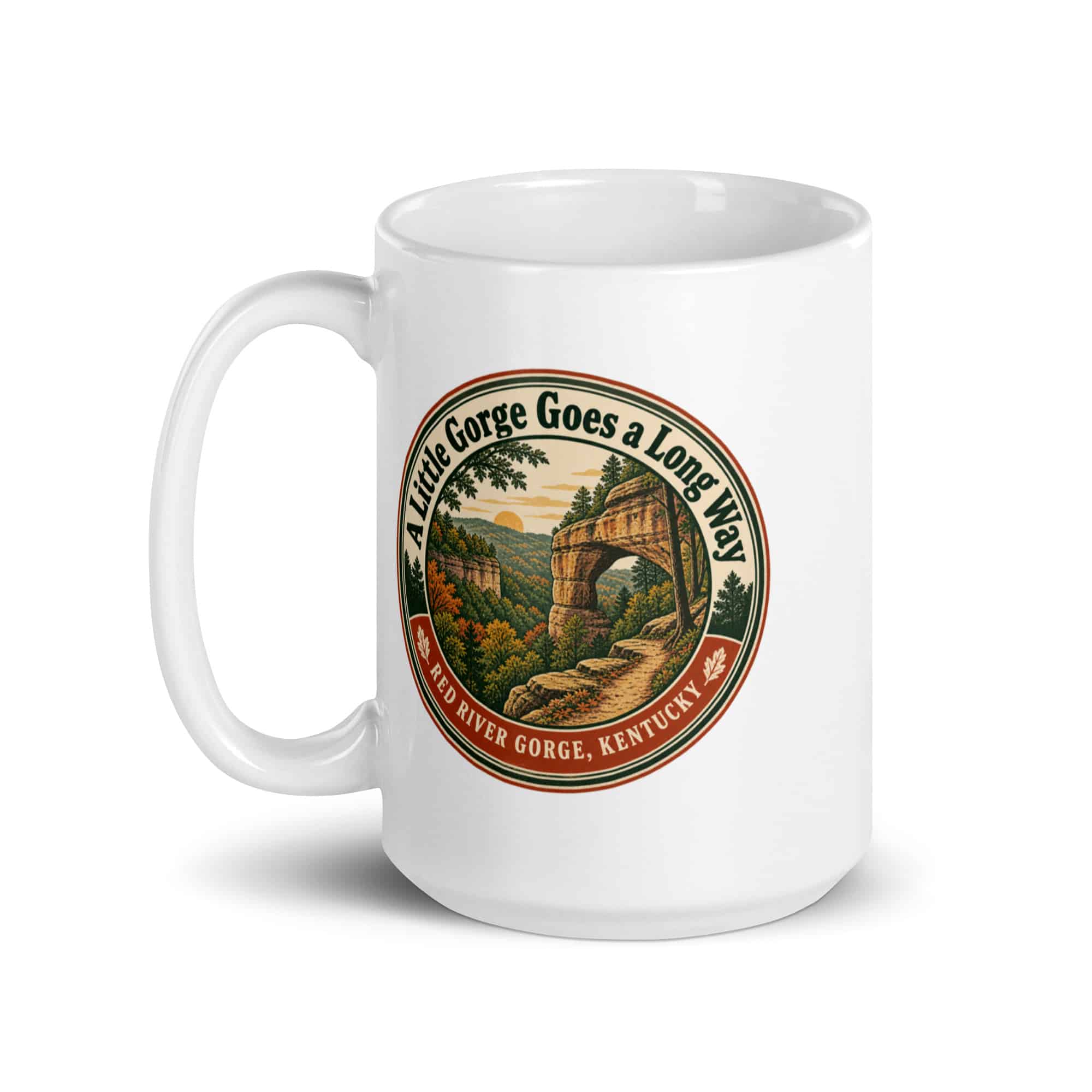 Red River Gorge White Ceramic Coffee Mug: A Little Gorge Goes a Long Way, Vintage Round Badge