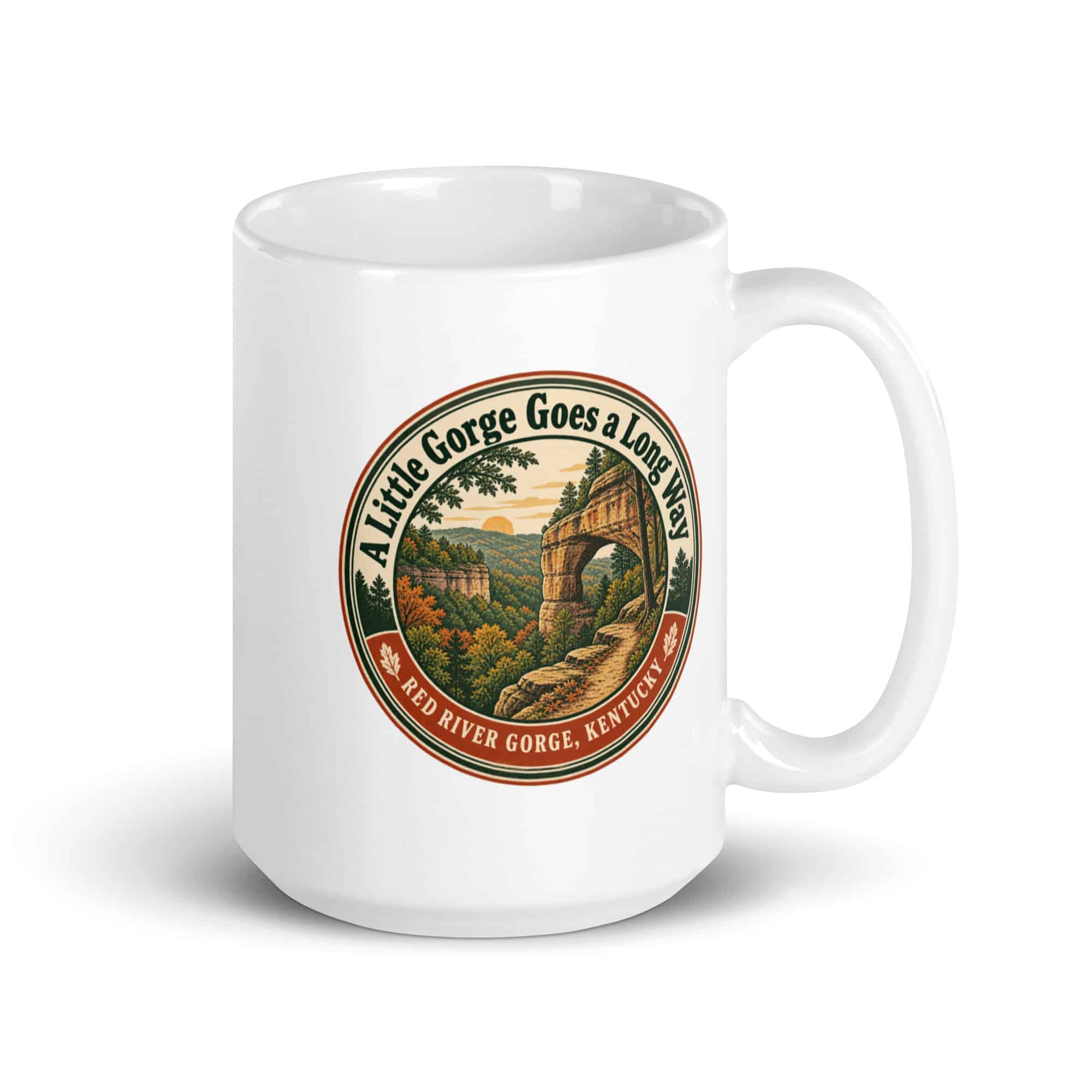 Red River Gorge White Ceramic Coffee Mug: A Little Gorge Goes a Long Way, Vintage Round Badge