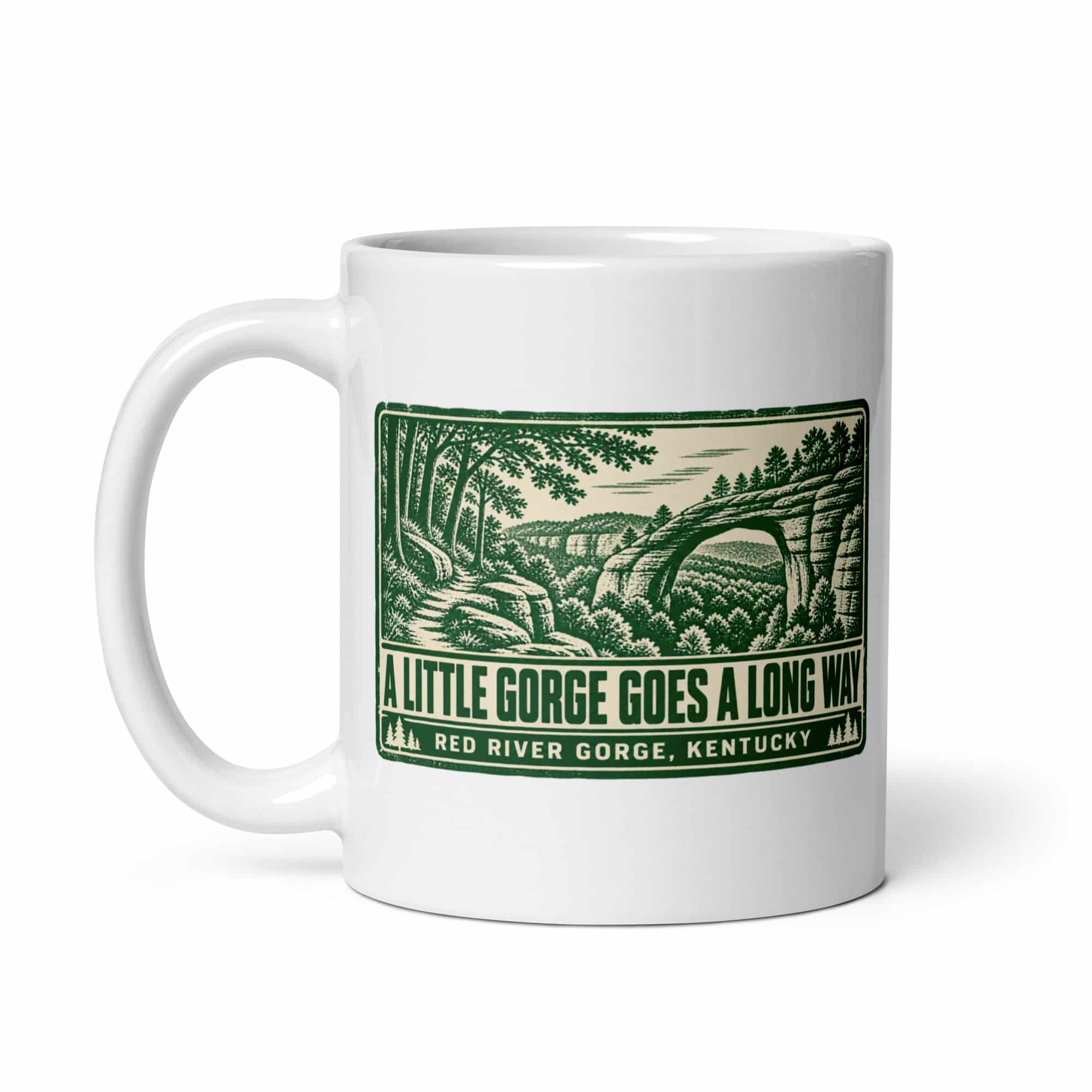 Red River Gorge White Ceramic Coffee Mug: A Little Gorge Goes a Long Way, Forest Ink Stamp