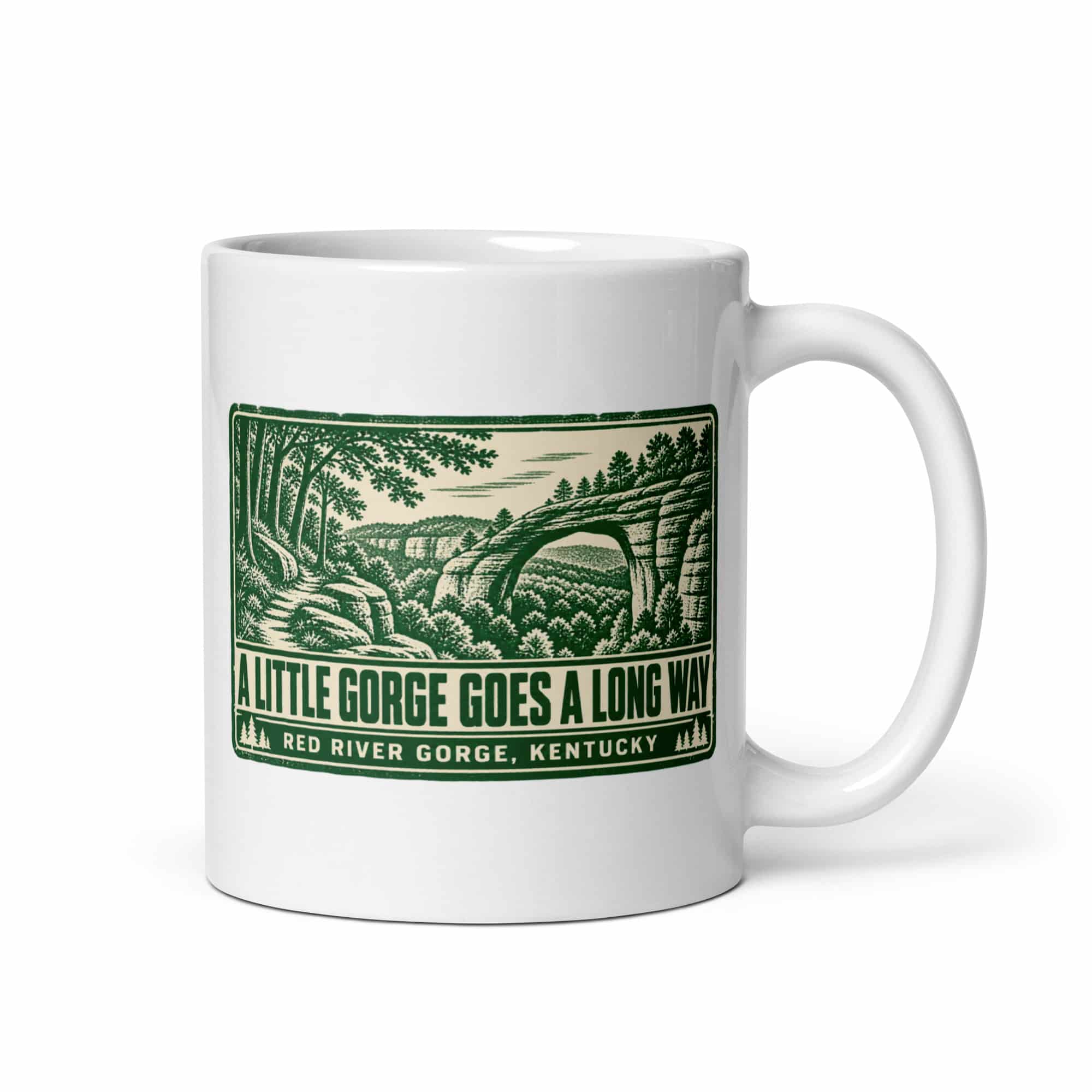 Red River Gorge White Ceramic Coffee Mug: A Little Gorge Goes a Long Way, Forest Ink Stamp