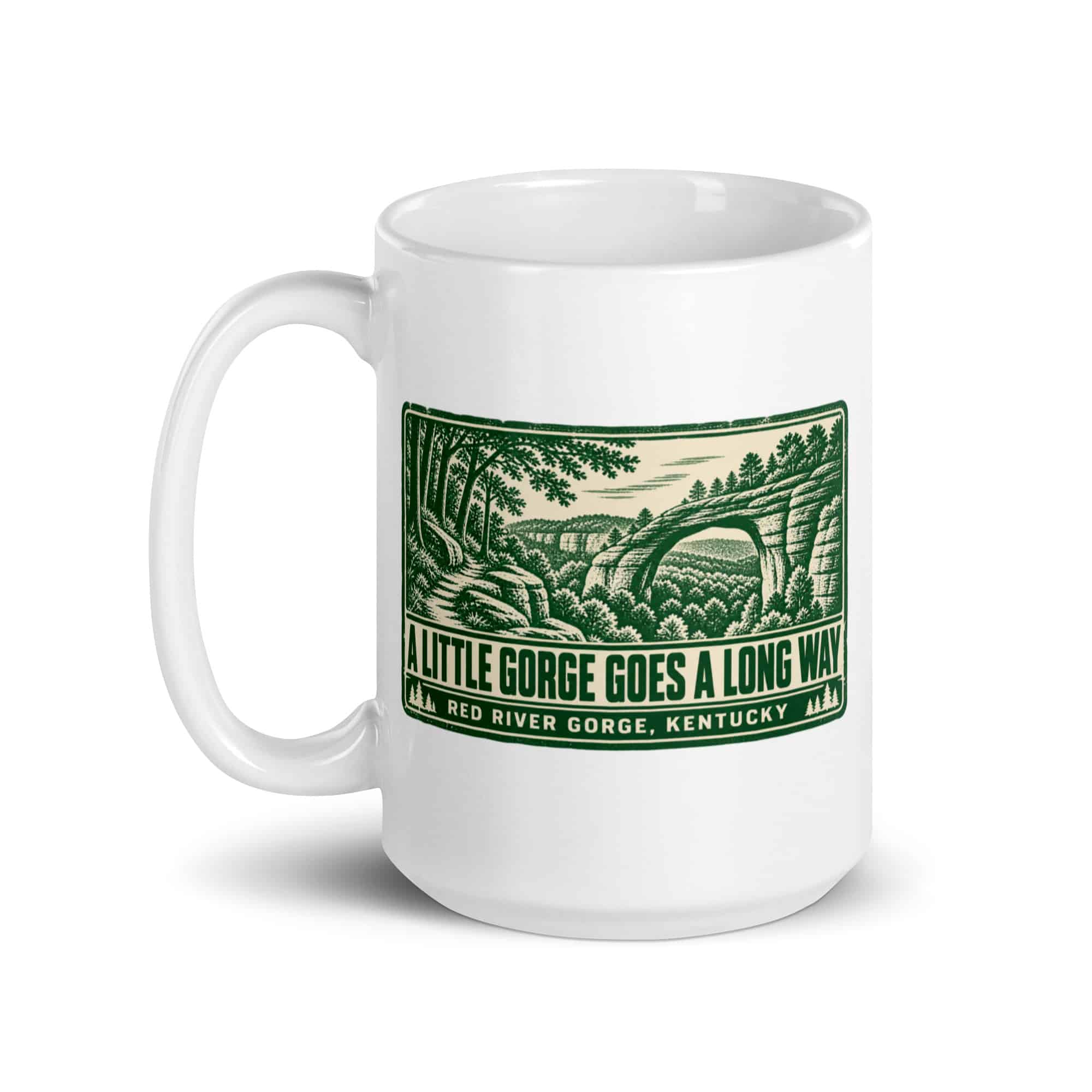 Red River Gorge White Ceramic Coffee Mug: A Little Gorge Goes a Long Way, Forest Ink Stamp