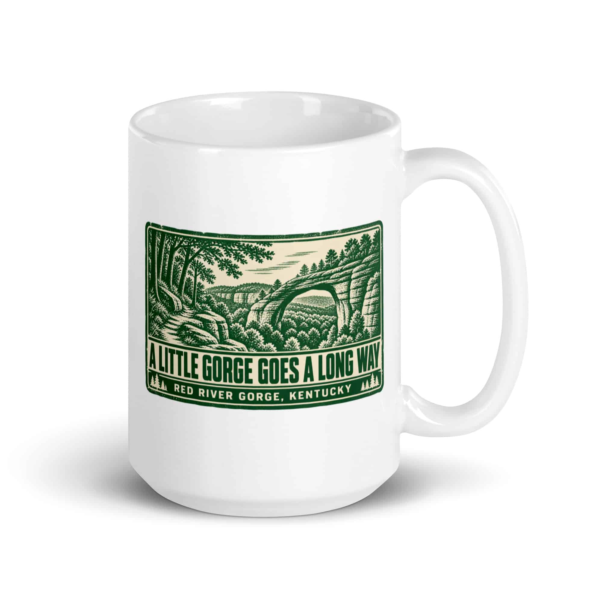 Red River Gorge White Ceramic Coffee Mug: A Little Gorge Goes a Long Way, Forest Ink Stamp