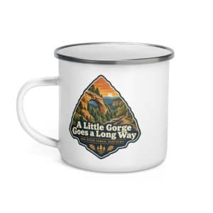 Red River Gorge Enamel Camp Mug: A Little Gorge Goes a Long Way, Scenic Shield Badge - 12 oz - Left