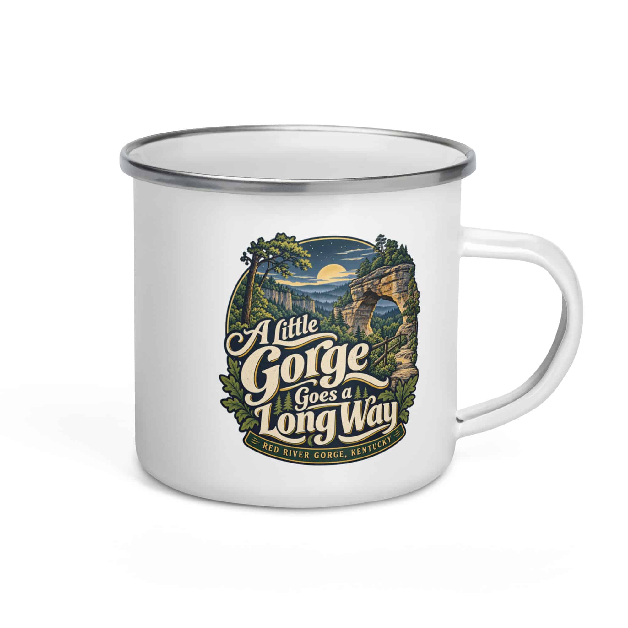 Red River Gorge Enamel Camp Mug: A Little Gorge Goes a Long Way, Woodland Scenic Lettering