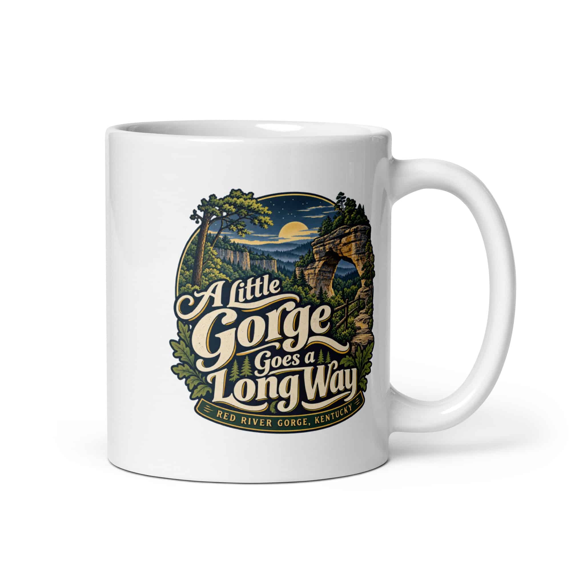 Red River Gorge White Ceramic Coffee Mug: A Little Gorge Goes a Long Way, Woodland Scenic Lettering