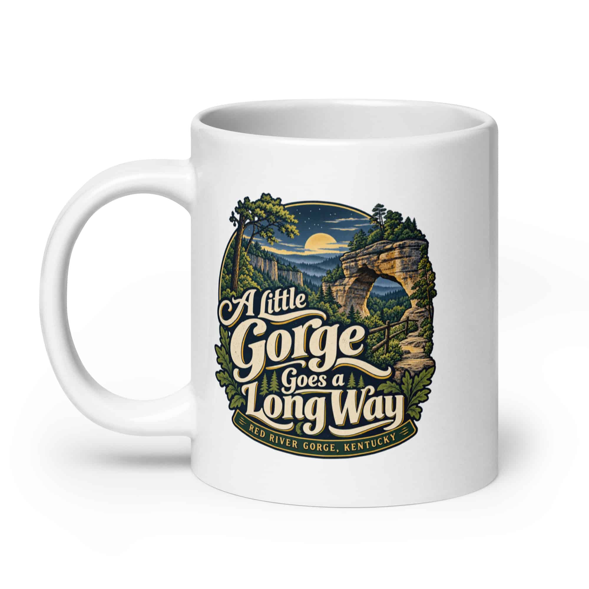 Red River Gorge White Ceramic Coffee Mug: A Little Gorge Goes a Long Way, Woodland Scenic Lettering