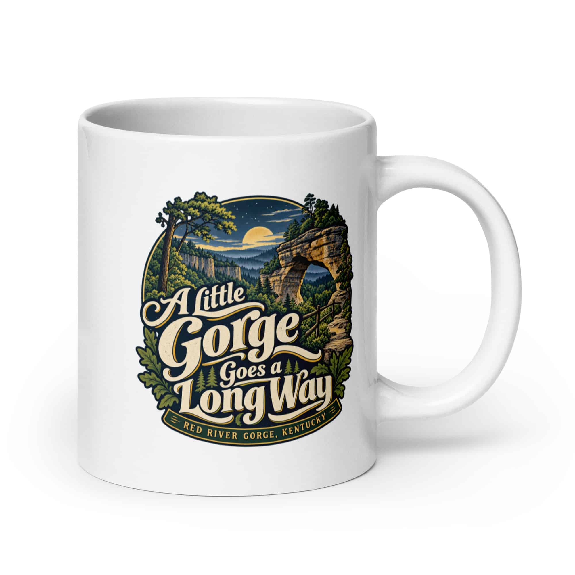 Red River Gorge White Ceramic Coffee Mug: A Little Gorge Goes a Long Way, Woodland Scenic Lettering