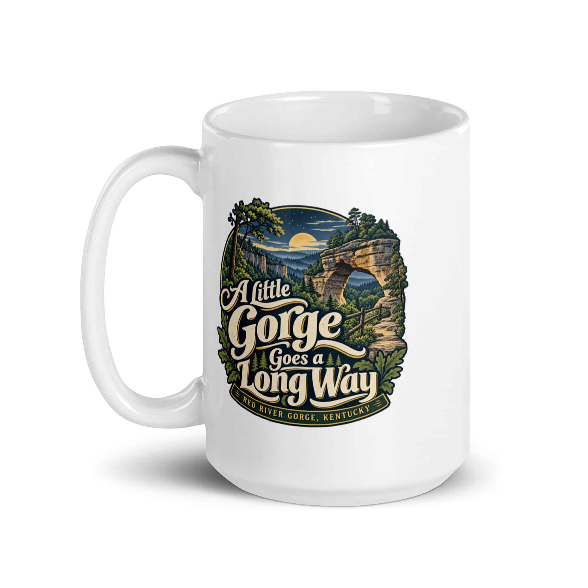 Red River Gorge White Ceramic Coffee Mug: A Little Gorge Goes a Long Way, Woodland Scenic Lettering