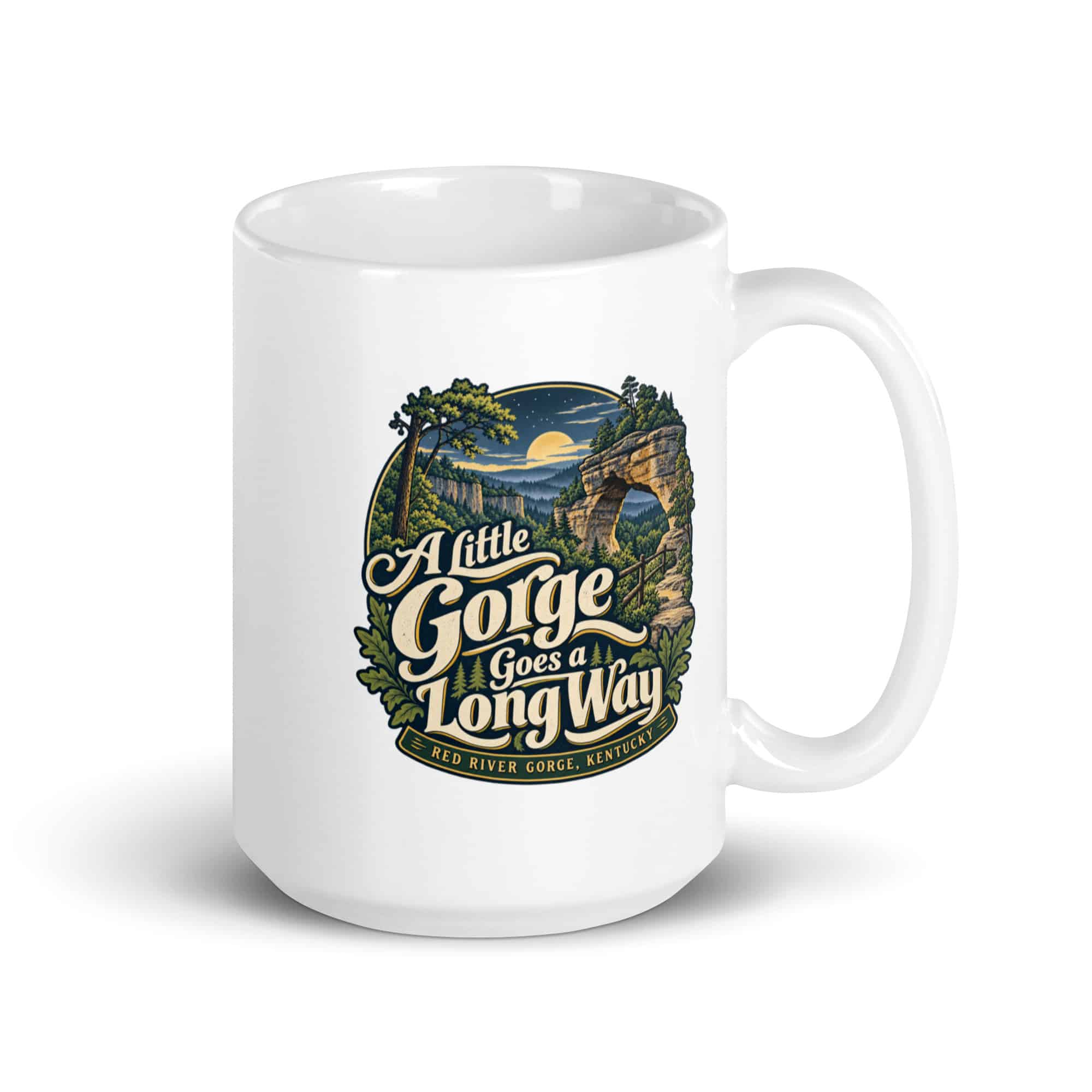 Red River Gorge White Ceramic Coffee Mug: A Little Gorge Goes a Long Way, Woodland Scenic Lettering