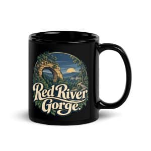 Red River Gorge Black Coffee Mug: Red River Gorge, Woodland Scenic Lettering - 11 oz - Handle on Right