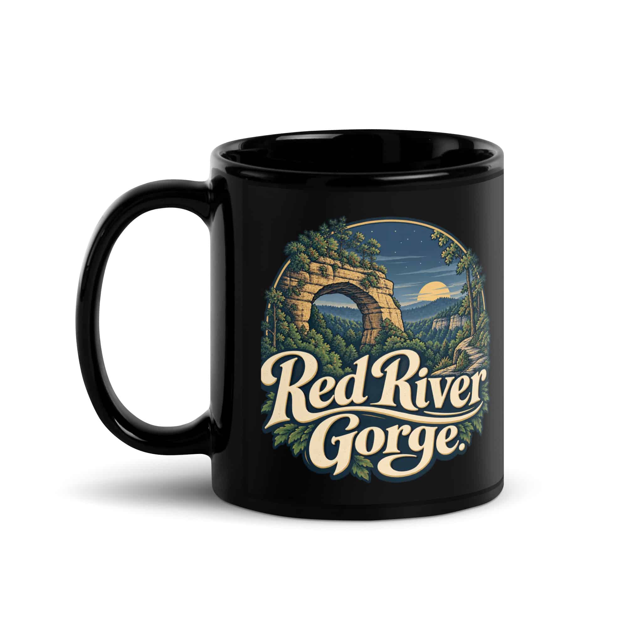 Red River Gorge Black Coffee Mug: Red River Gorge, Woodland Scenic Lettering