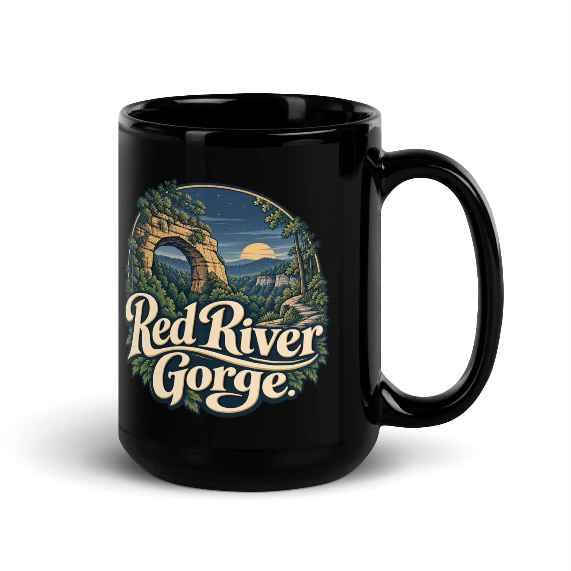 Red River Gorge Black Coffee Mug: Red River Gorge, Woodland Scenic Lettering