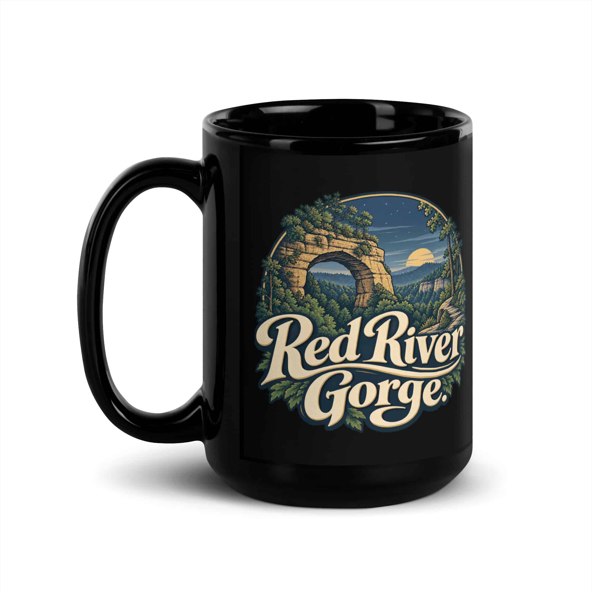 Red River Gorge Black Coffee Mug: Red River Gorge, Woodland Scenic Lettering