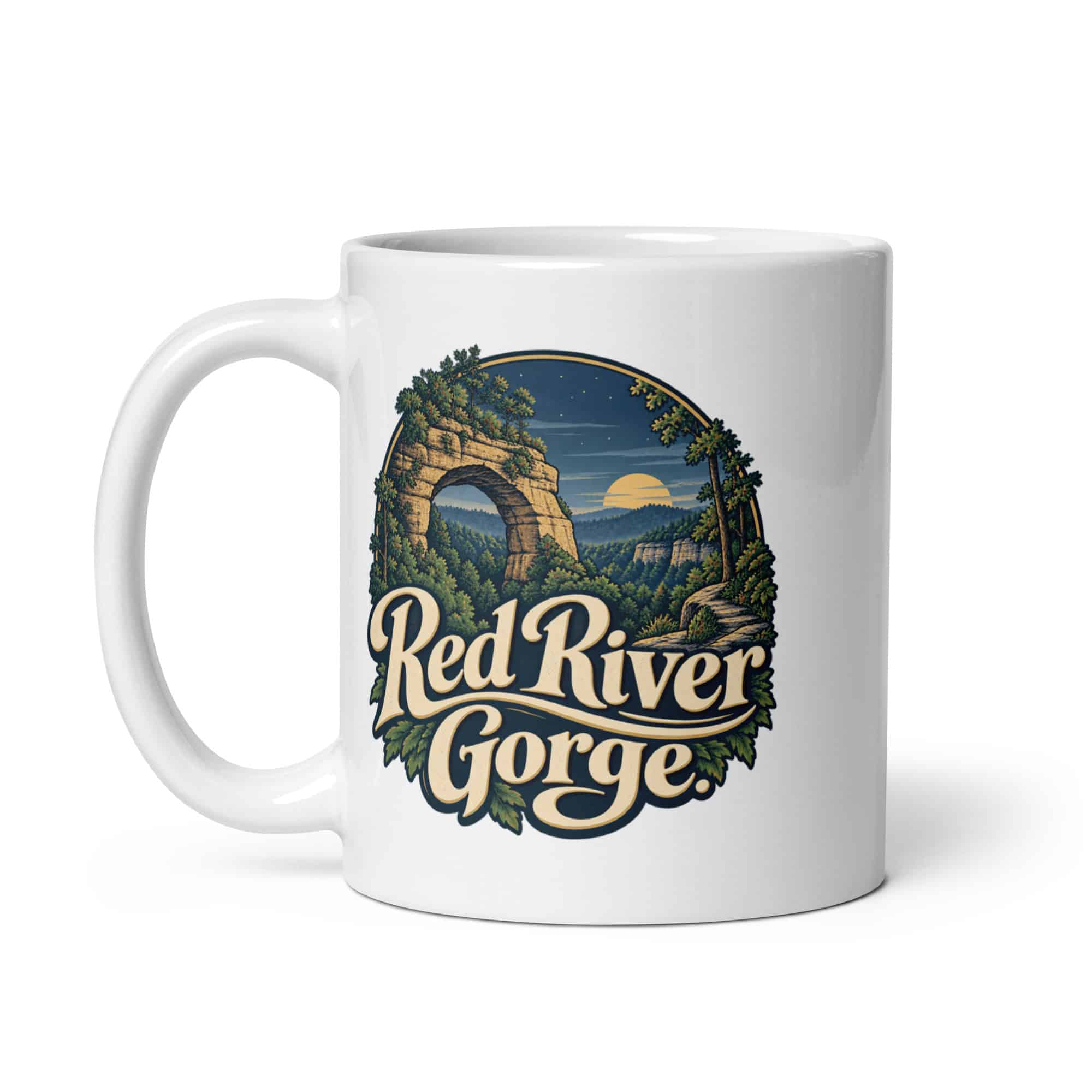 Red River Gorge White Ceramic Coffee Mug: Red River Gorge, Woodland Scenic Lettering
