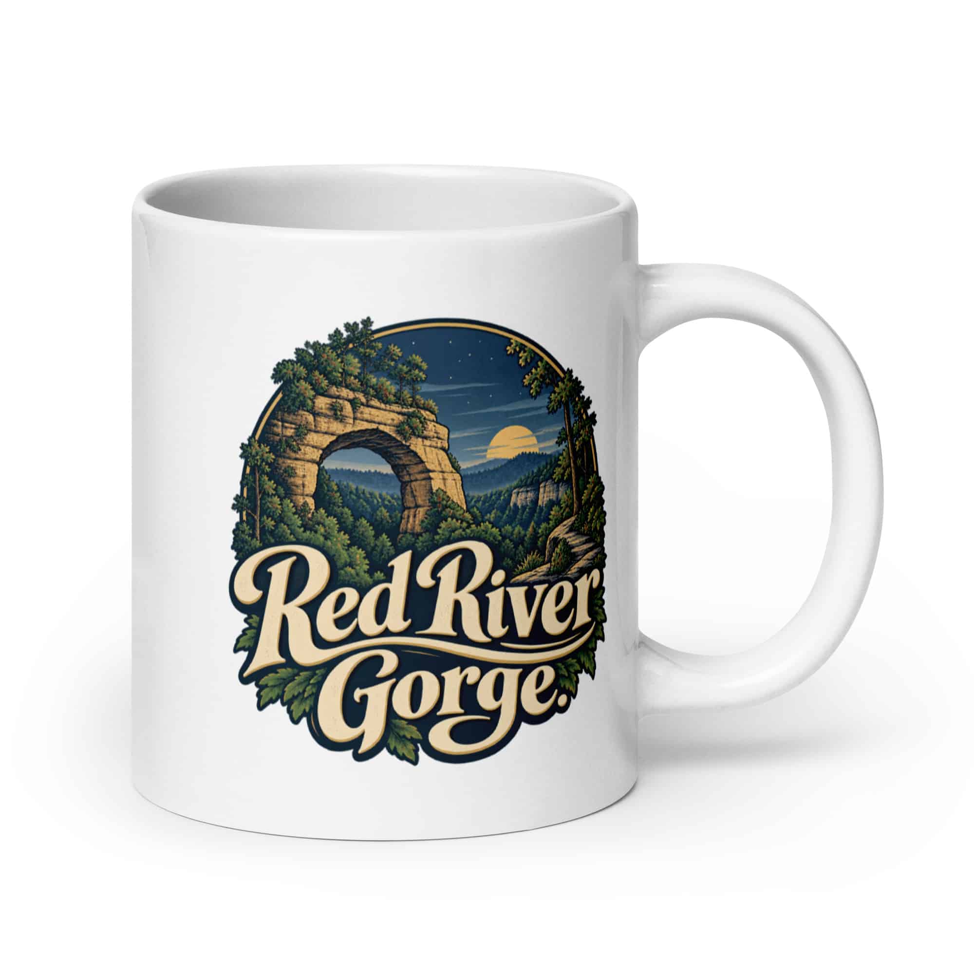 Red River Gorge White Ceramic Coffee Mug: Red River Gorge, Woodland Scenic Lettering