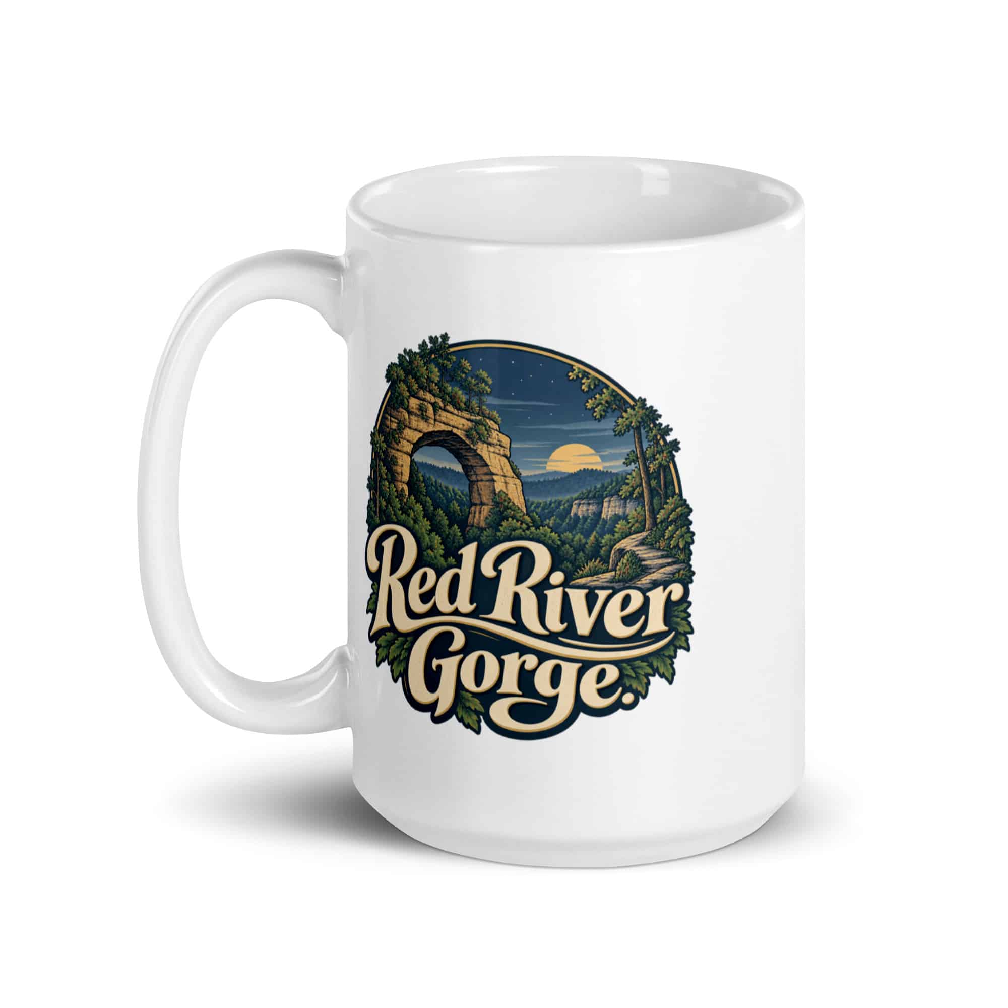 Red River Gorge White Ceramic Coffee Mug: Red River Gorge, Woodland Scenic Lettering