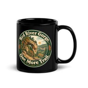 Red River Gorge Black Coffee Mug: Red River Gorge. One More Trail, Vintage Round Badge - 11 oz - Handle on Right